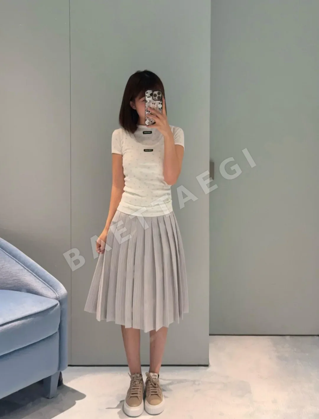 미우미우 블루그레이 스트라이프 플리츠 스커트 세트 114892