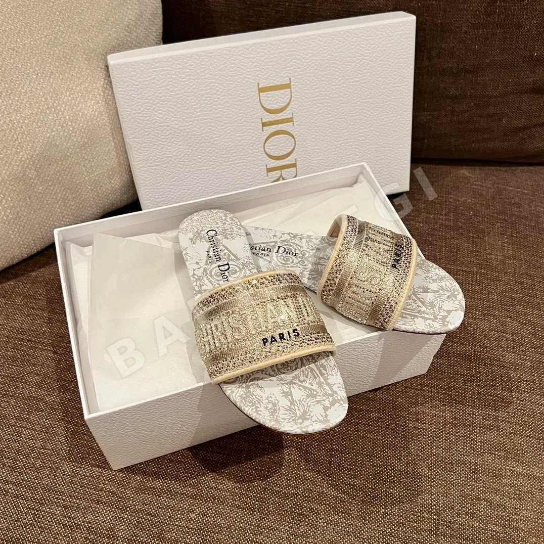 디올 Dway 자수 골드 캔버스 여성 샌들 상세 이미지 5