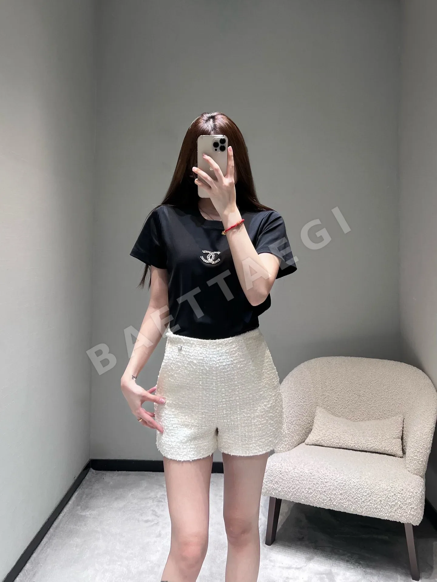 샤넬 CC 비즈 장식 크루넥 반팔 티셔츠