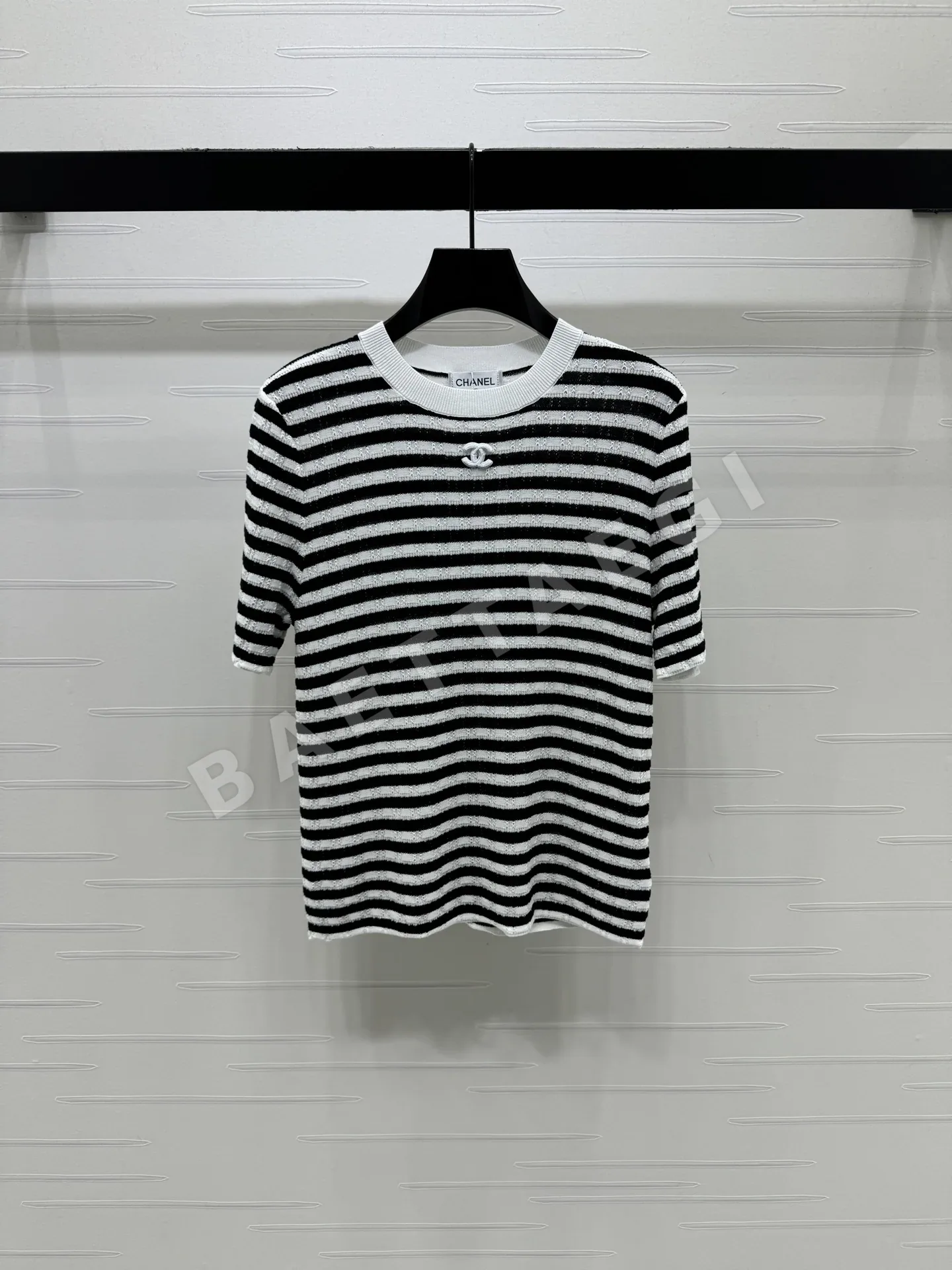 샤넬 컬러 블록 스트라이프 크루넥 니트 반팔 탑 상세 이미지 2