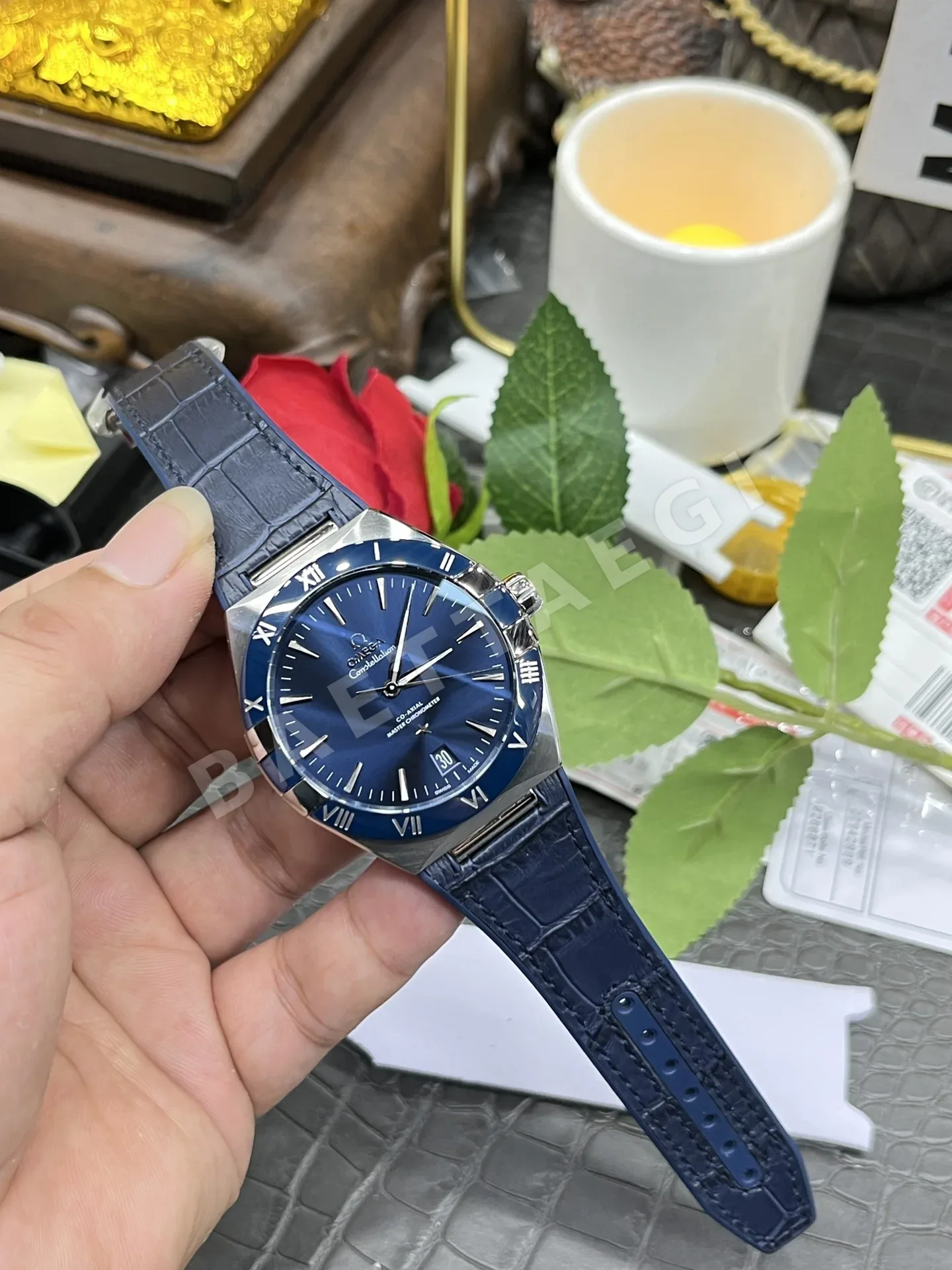오메가 컨스텔레이션 블루 남성 자동 기계식 러버스트랩 시계 레플리카 44611 Omega 상세 이미지 9