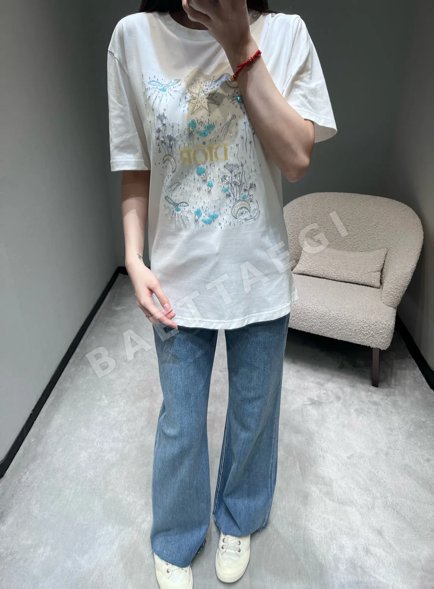 디올 별하늘 자수 여성 반팔 티셔츠 상세 이미지 8