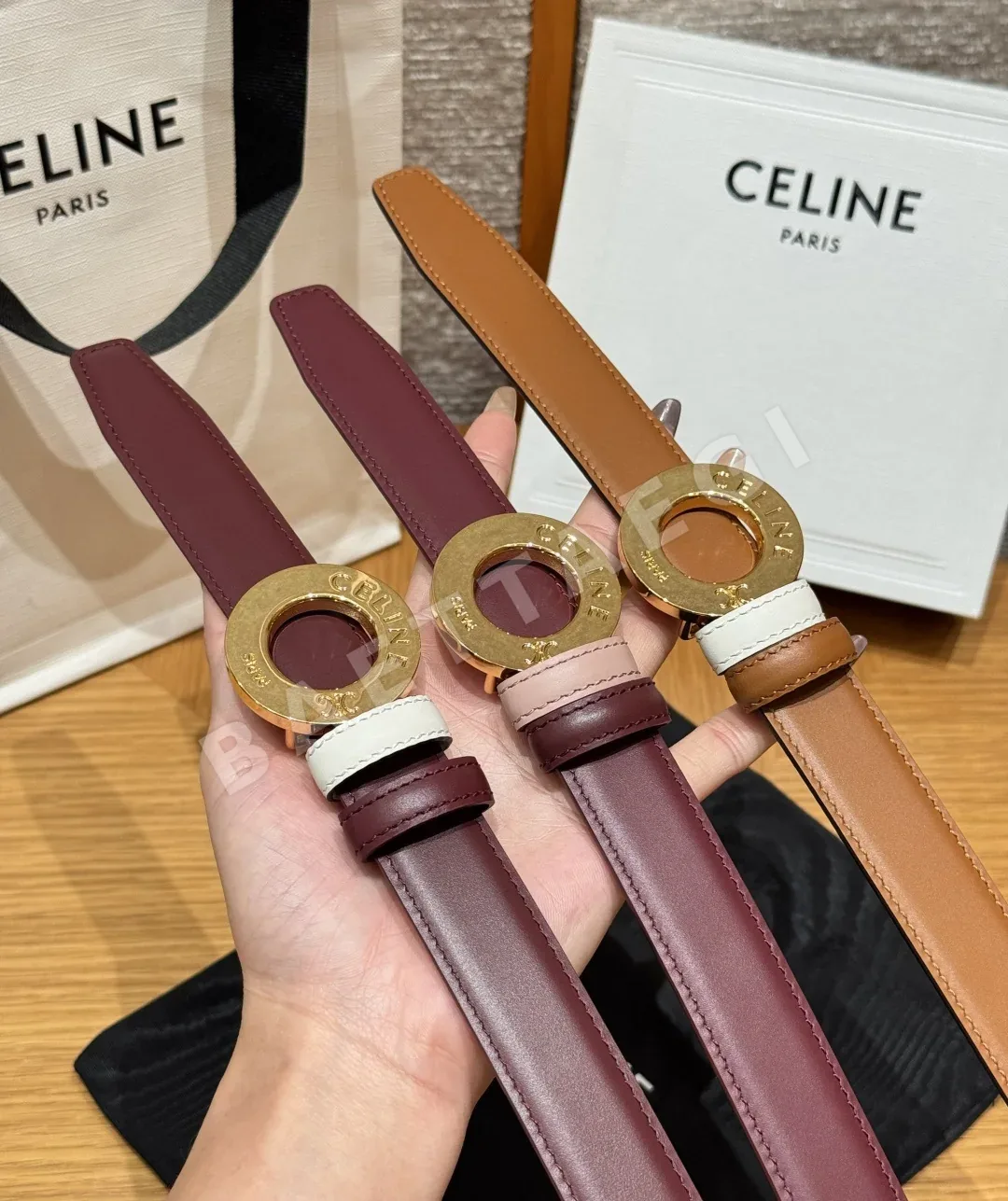 셀린느 차트 디스크 골드 버클 양면 가죽 벨트 25MM 상세 이미지 2