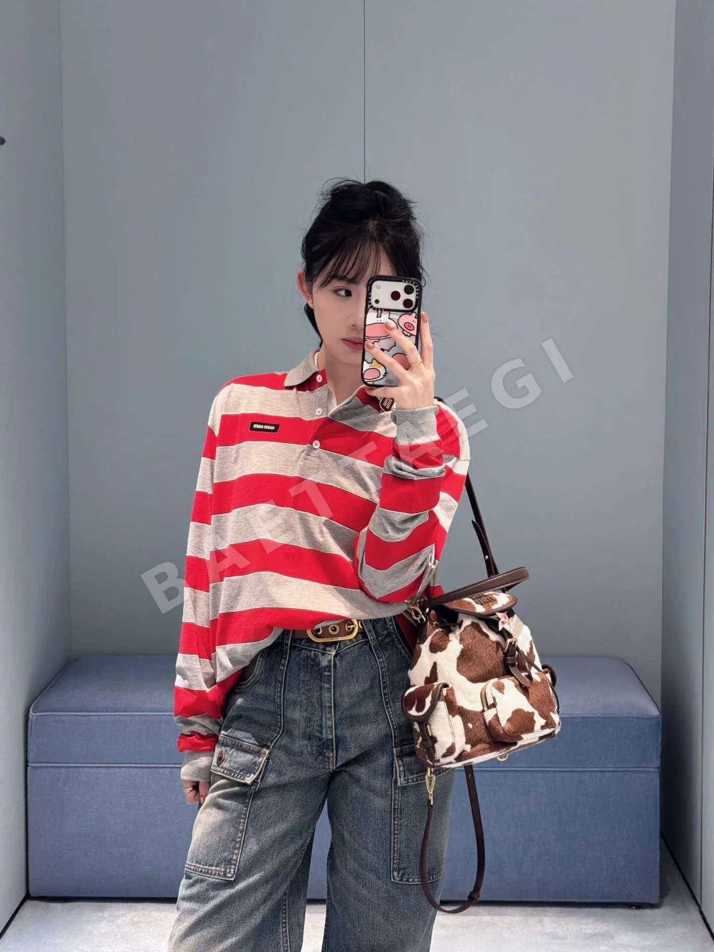 미우미우 컬러 블록 스트라이프 긴팔 폴로셔츠 상세 이미지 3