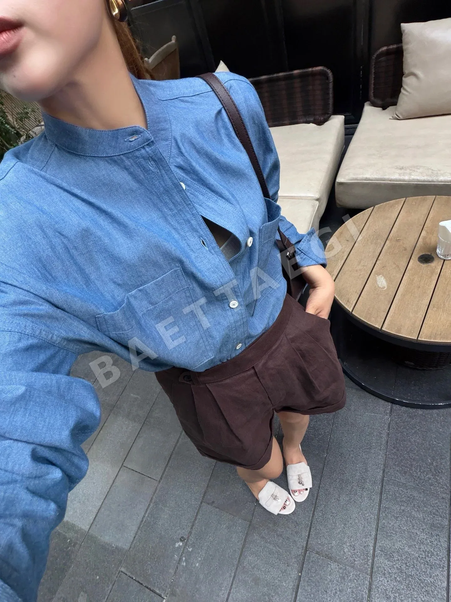 로로피아나 스탠드 카라 데님 여성 셔츠 상세 이미지 8