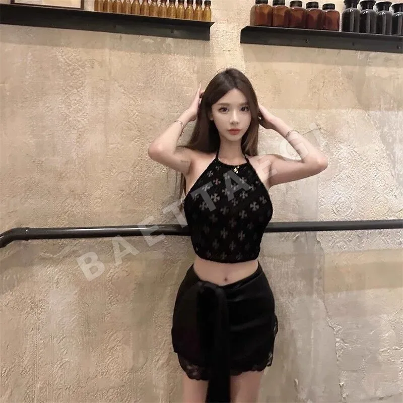 크롬하츠 블랙 크로스 패턴 벨벳 여성 반팔 상세 이미지 2