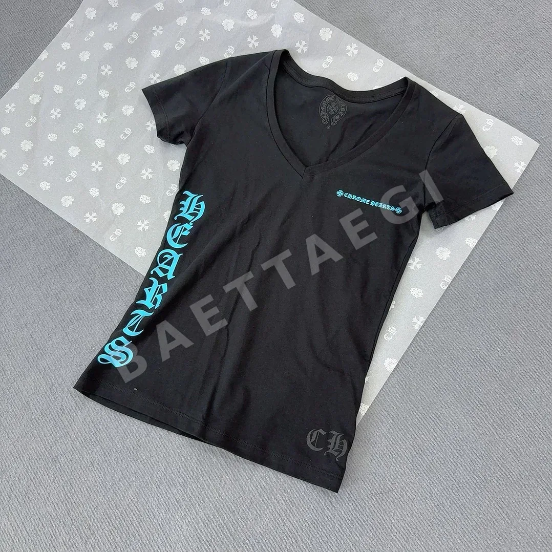 크롬하츠 여성용 블루 레터 프린트 V넥 반팔 티셔츠 53174