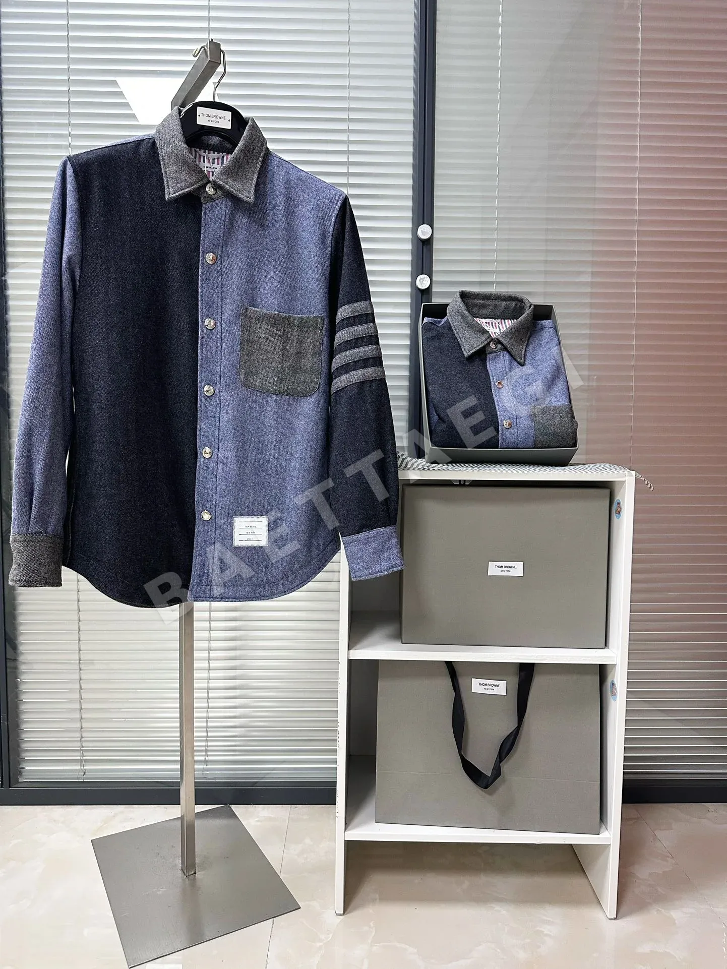 톰브라운 데님 블루 컬러 블록 울 셔츠 재킷 남성용 상세 이미지 11