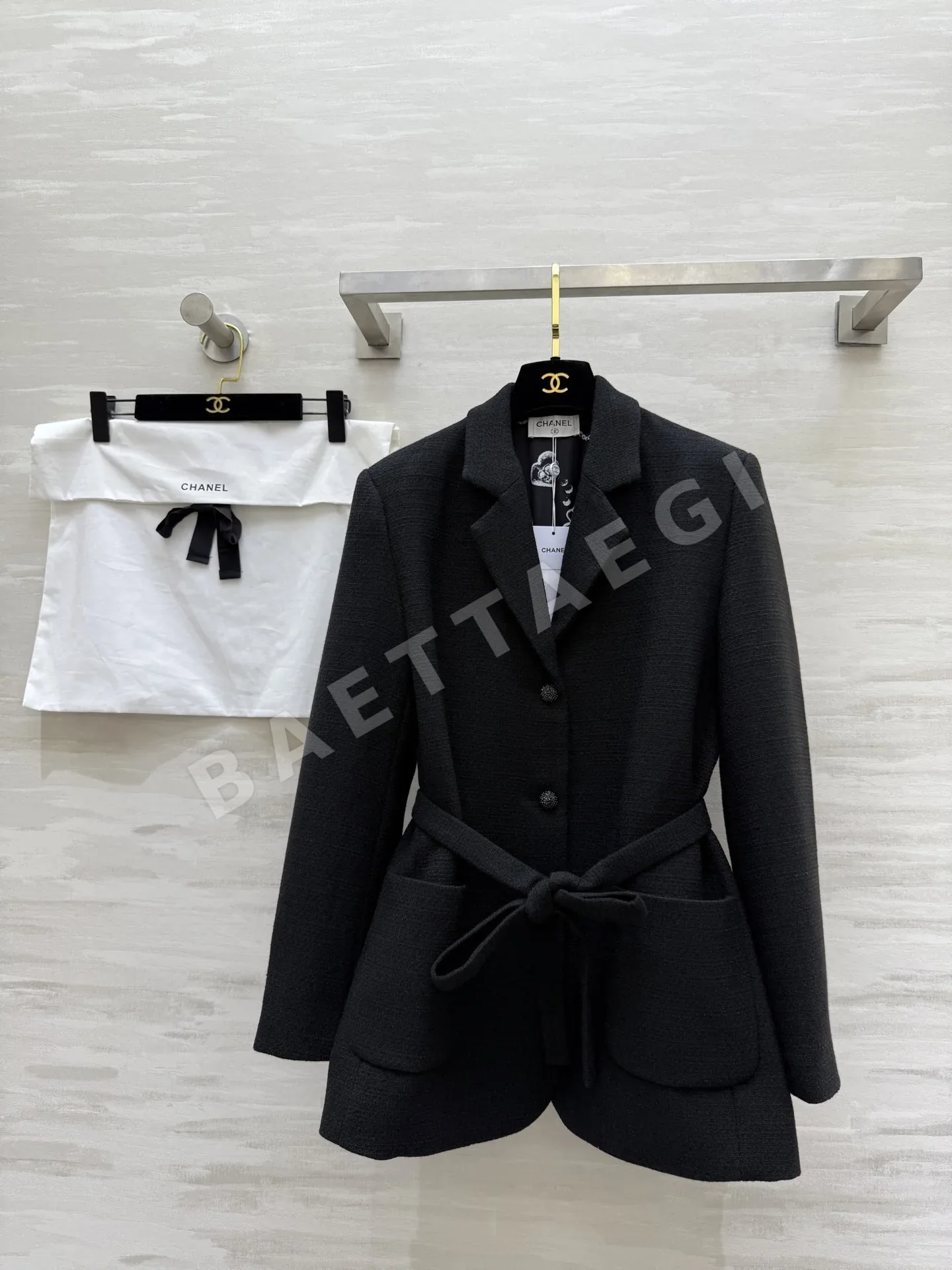 샤넬 여성 울 블랙 슬림핏 벨트 자켓 원피스 6283