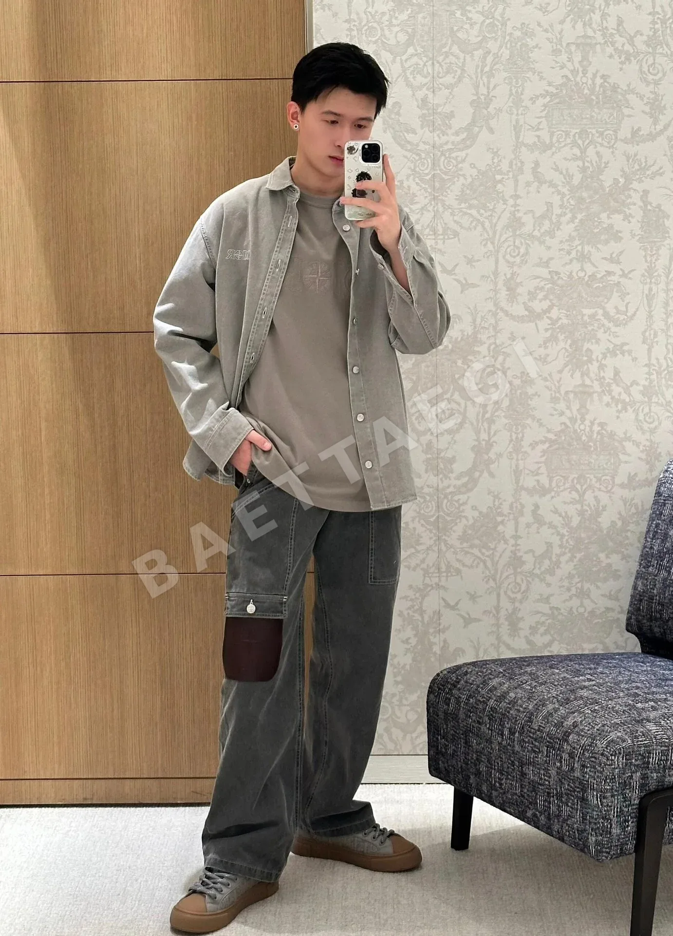 스톤아일랜드 컬러 블록 가죽 카고 바지 상세 이미지 8