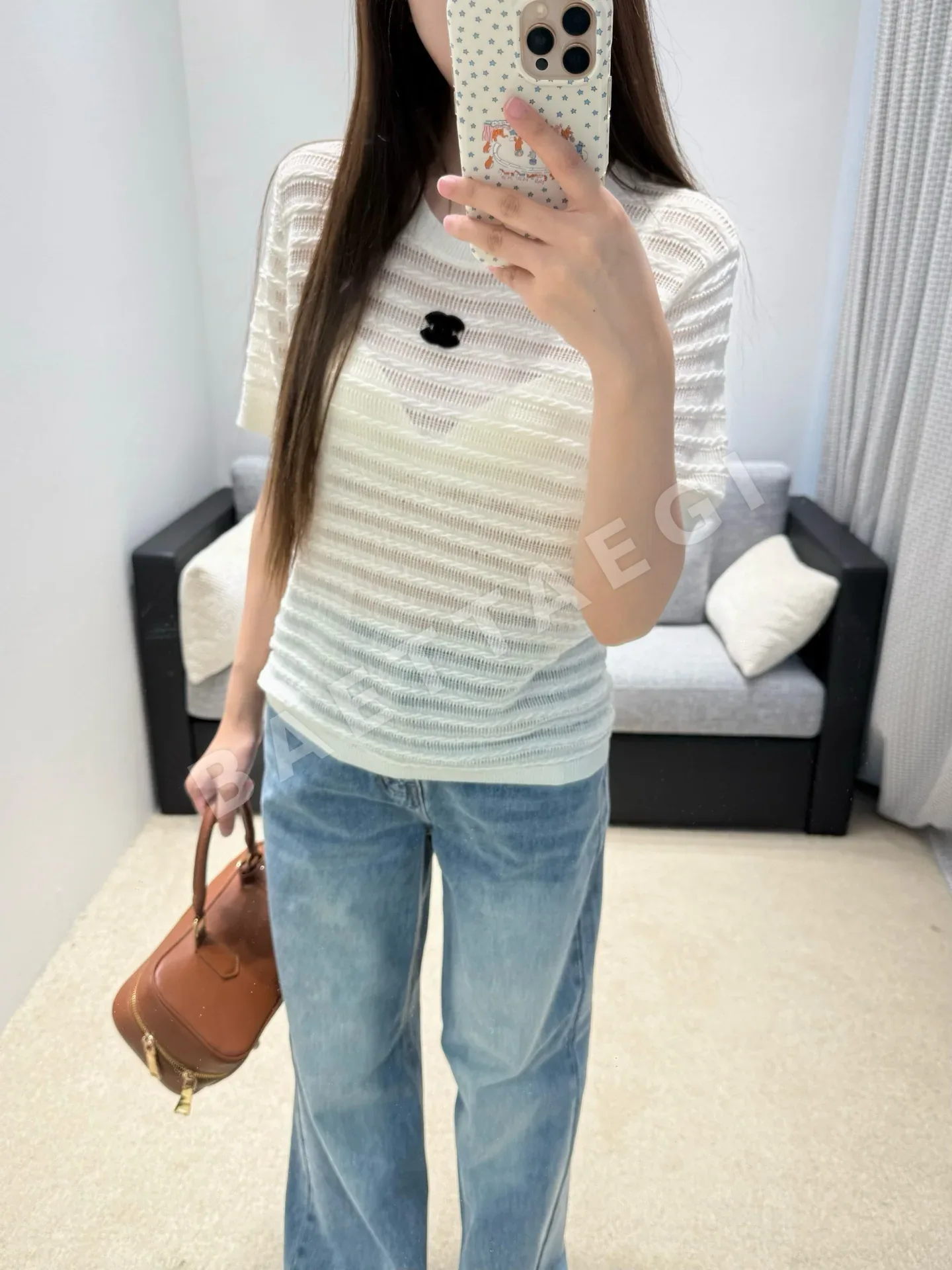 샤넬 시스루 웨이브 케이블 니트 반팔 티셔츠 상세 이미지 2