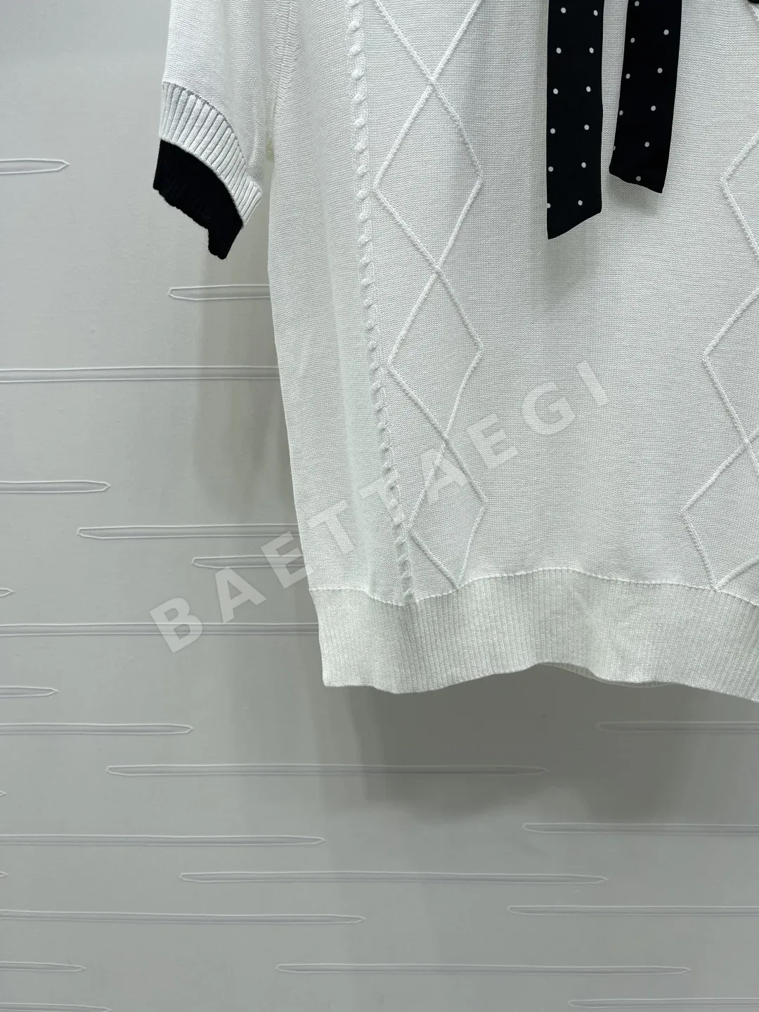 미우미우 보타이 라운드넥 니트 반팔 탑 상세 이미지 5