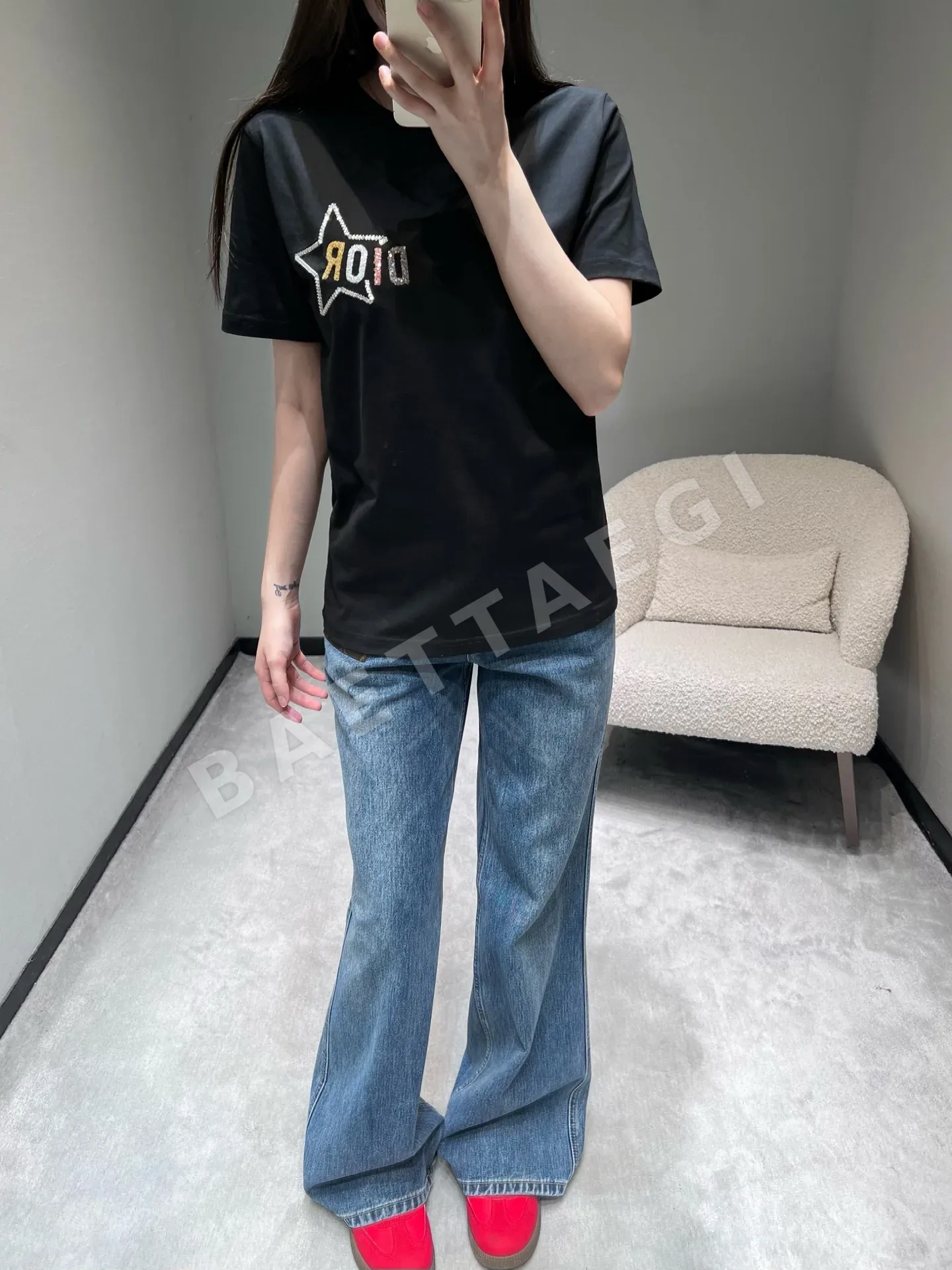 디올 스타 로고 레터 여성 반팔 티셔츠 상세 이미지 2