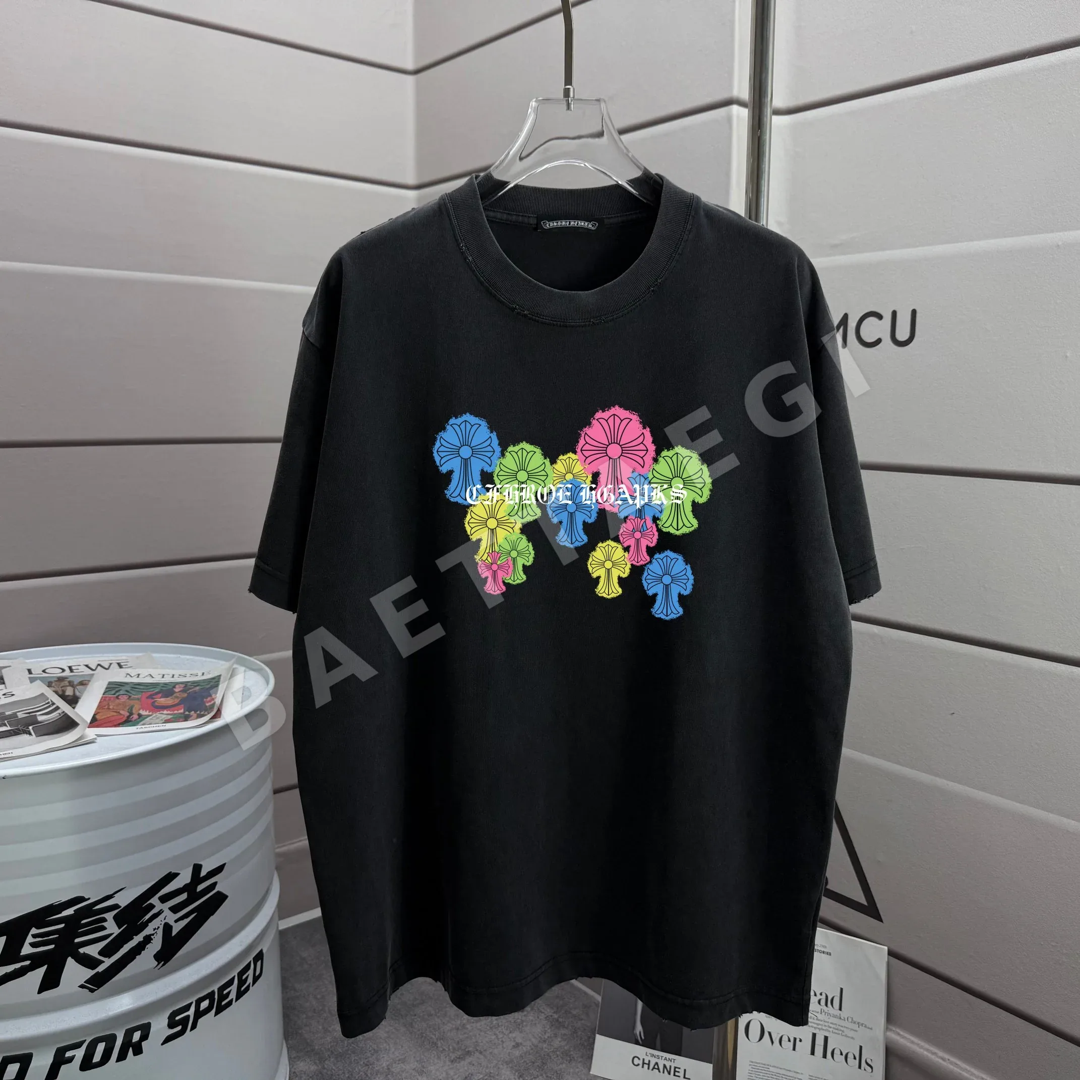 크롬하츠 워시 가공 데미지 크루넥 반팔 티셔츠 53357