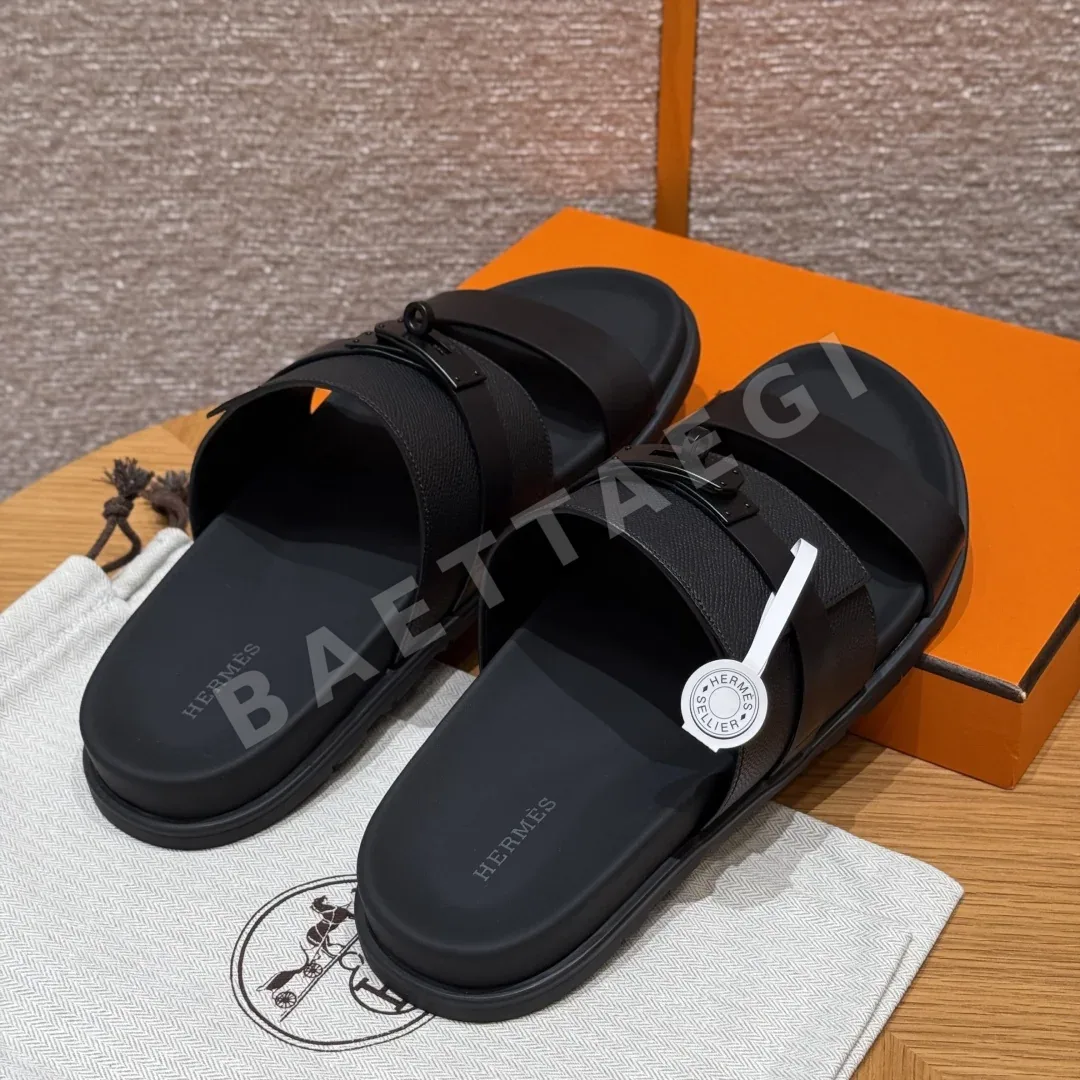 에르메스 잭슨 샌들 블랙 가죽 검은색 버튼 상세 이미지 4
