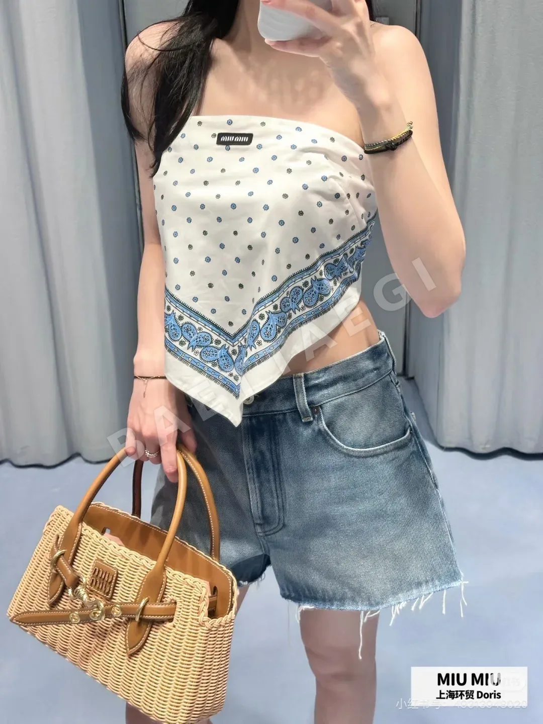 미우미우 자수 포인트 A라인 여성 데님 반바지 상세 이미지 2