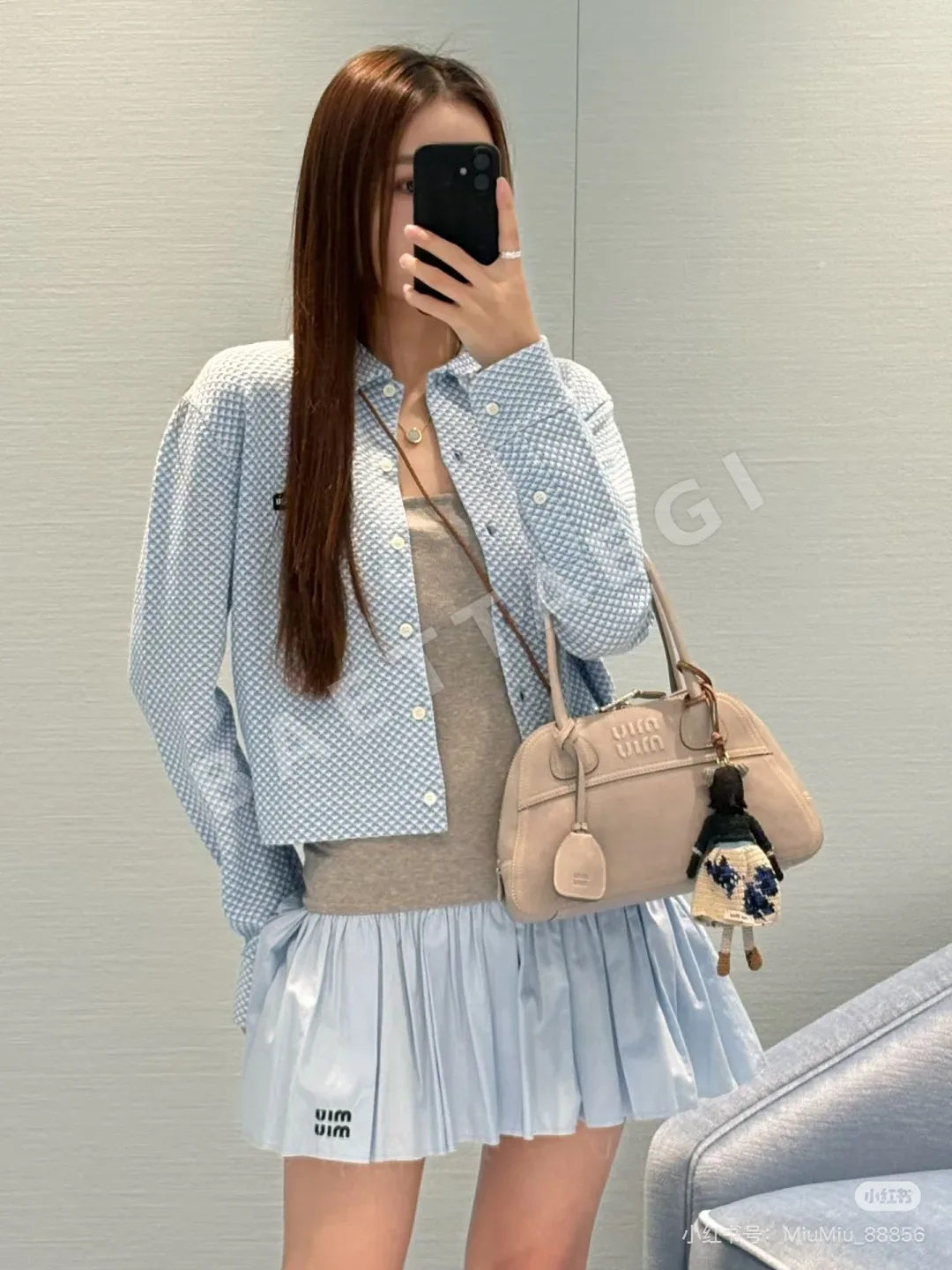 미우미우 블루 화이트 하운드투스 체크 긴팔 셔츠 상세 이미지 3