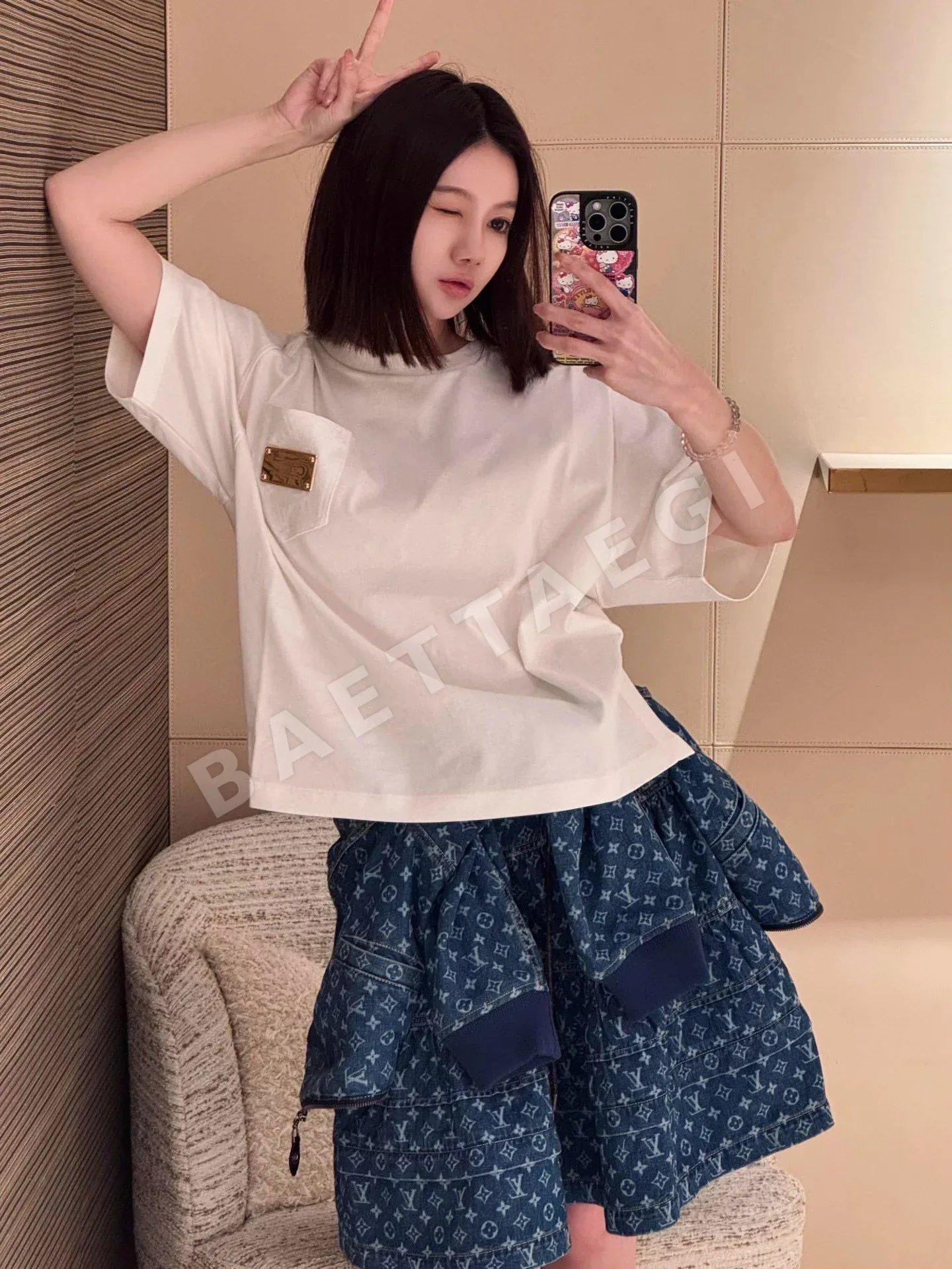 루이비통 데님 패치워크 코튼 반팔 니트 티셔츠 상세 이미지 6