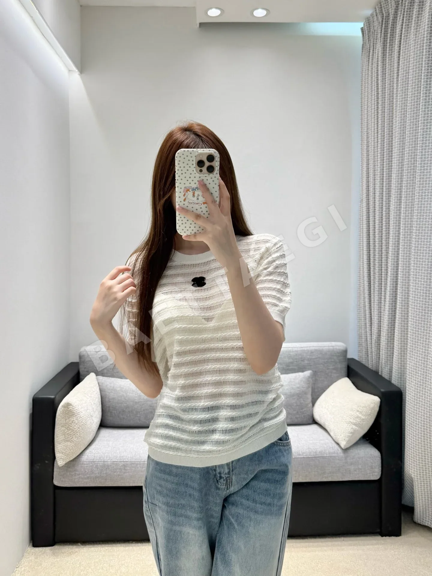 샤넬 시스루 웨이브 케이블 니트 반팔 티셔츠 103789