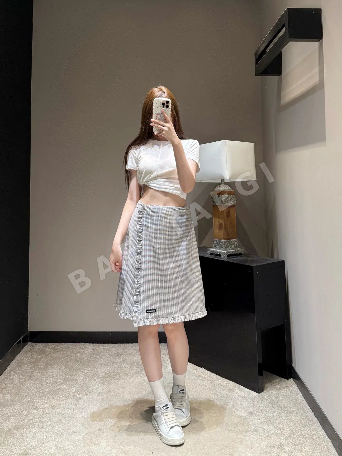 미우미우 체크 비대칭 프릴 A라인 스커트 상세 이미지 2