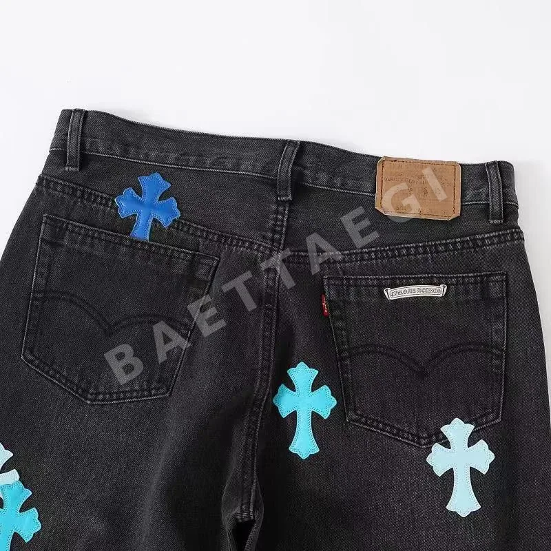 크롬하츠 블루 레더 패치워크 블랙 진 여성 바지 상세 이미지 5