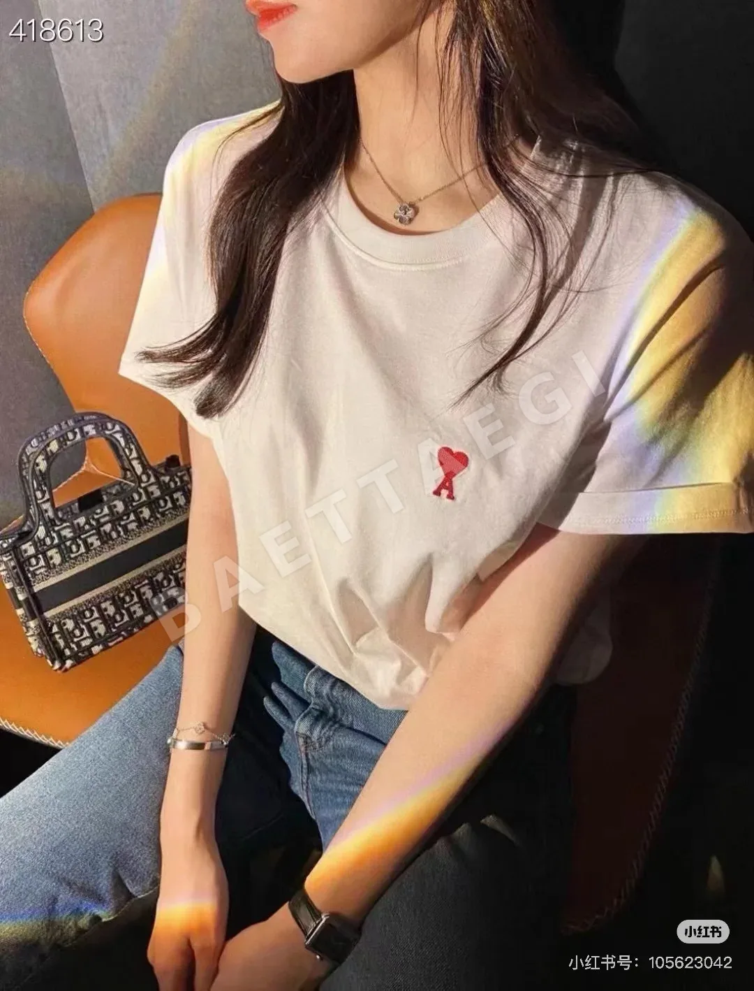 아미 하트 자수 린넨 반팔 티셔츠 상세 이미지 5