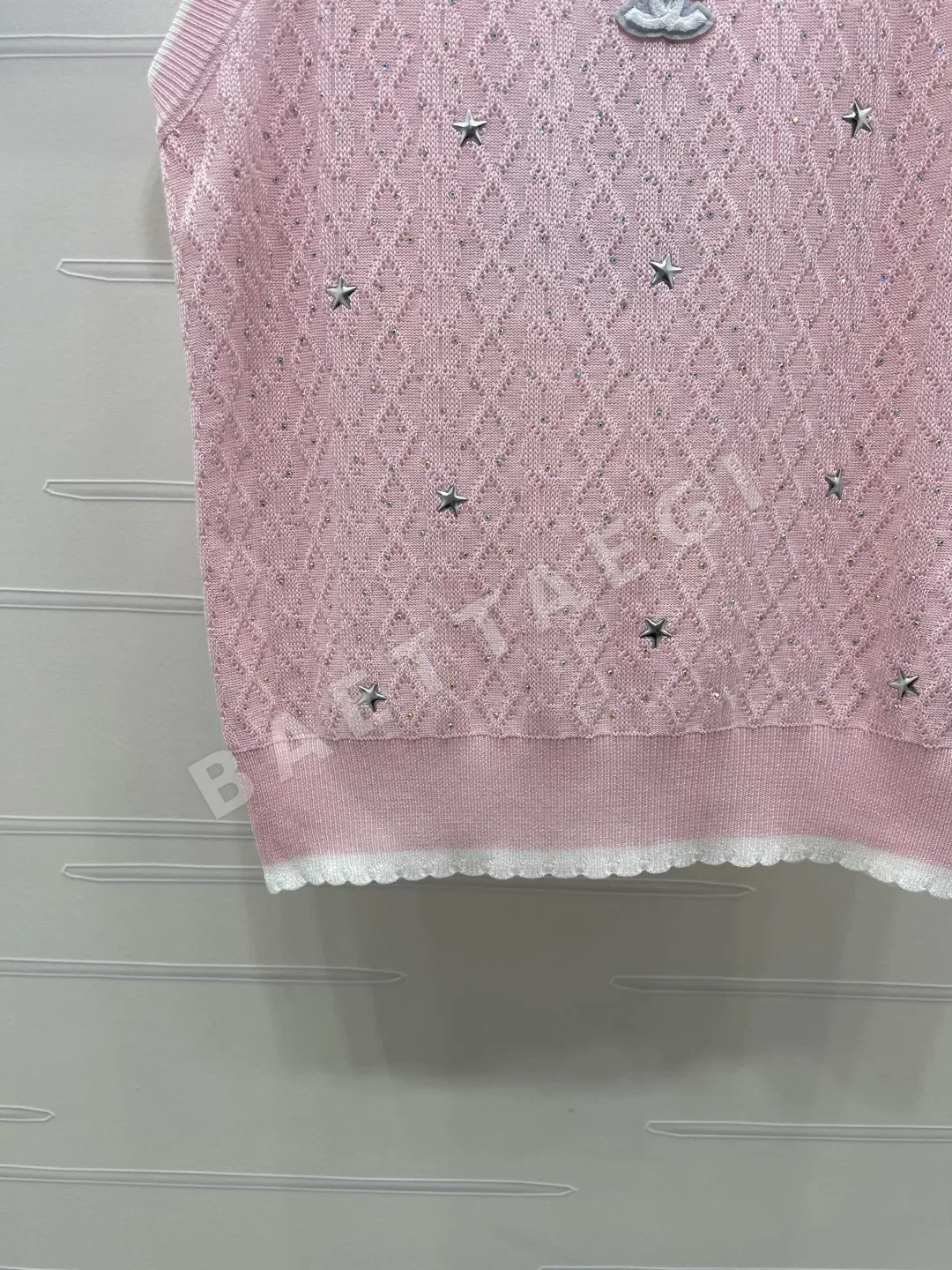 샤넬 다이아몬드 패턴 라인스톤 장식 여성 반팔 니트 베스트 상세 이미지 5