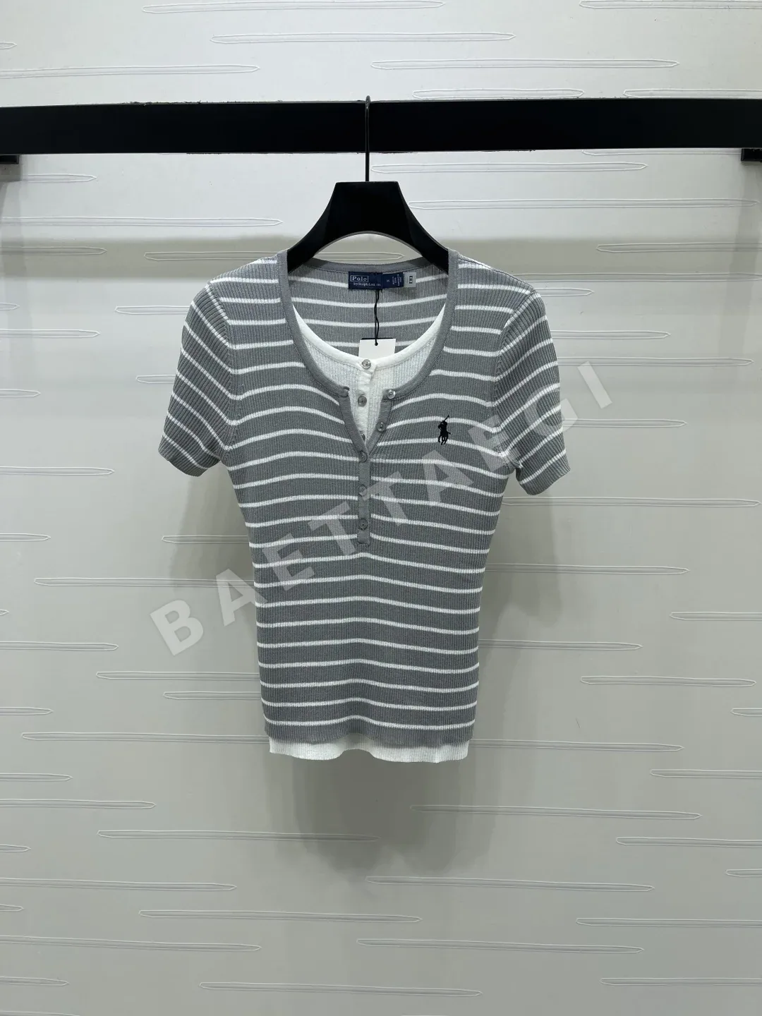 폴로 카라 블록 스트라이프 반팔 니트 탑 상세 이미지 2