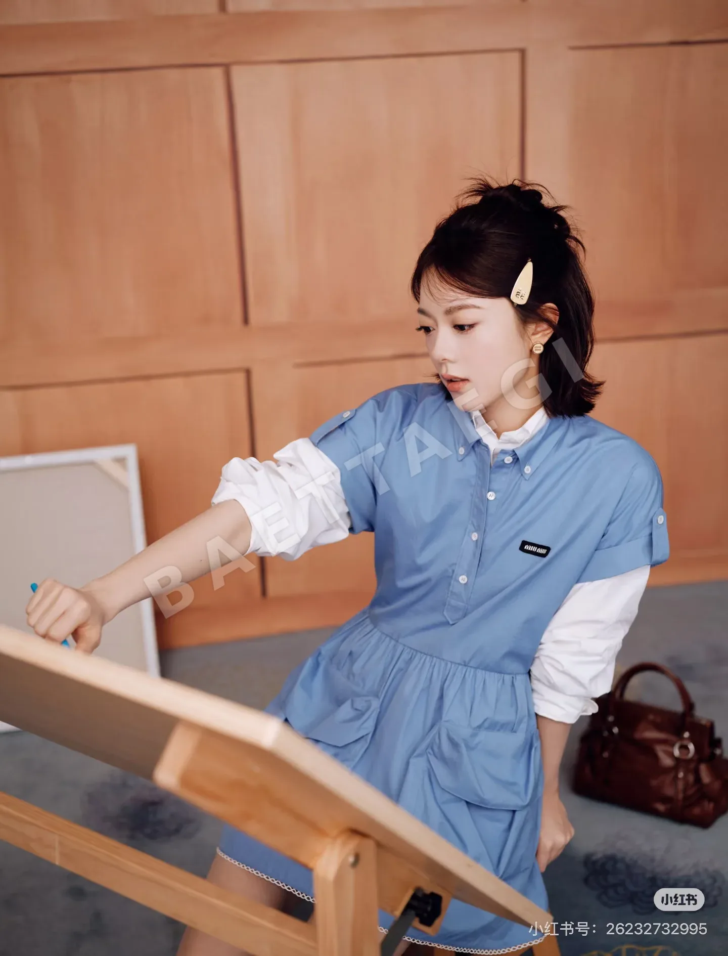 미우미우 컬러 블록 레이어드 셔츠 원피스 상세 이미지 7