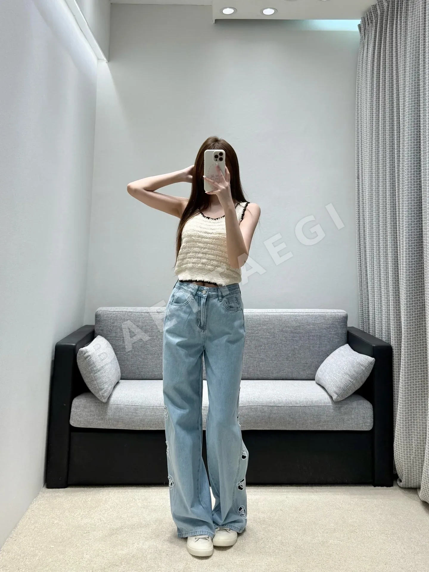 샤넬 장미 장식 와이드 데님 여성 바지 상세 이미지 6