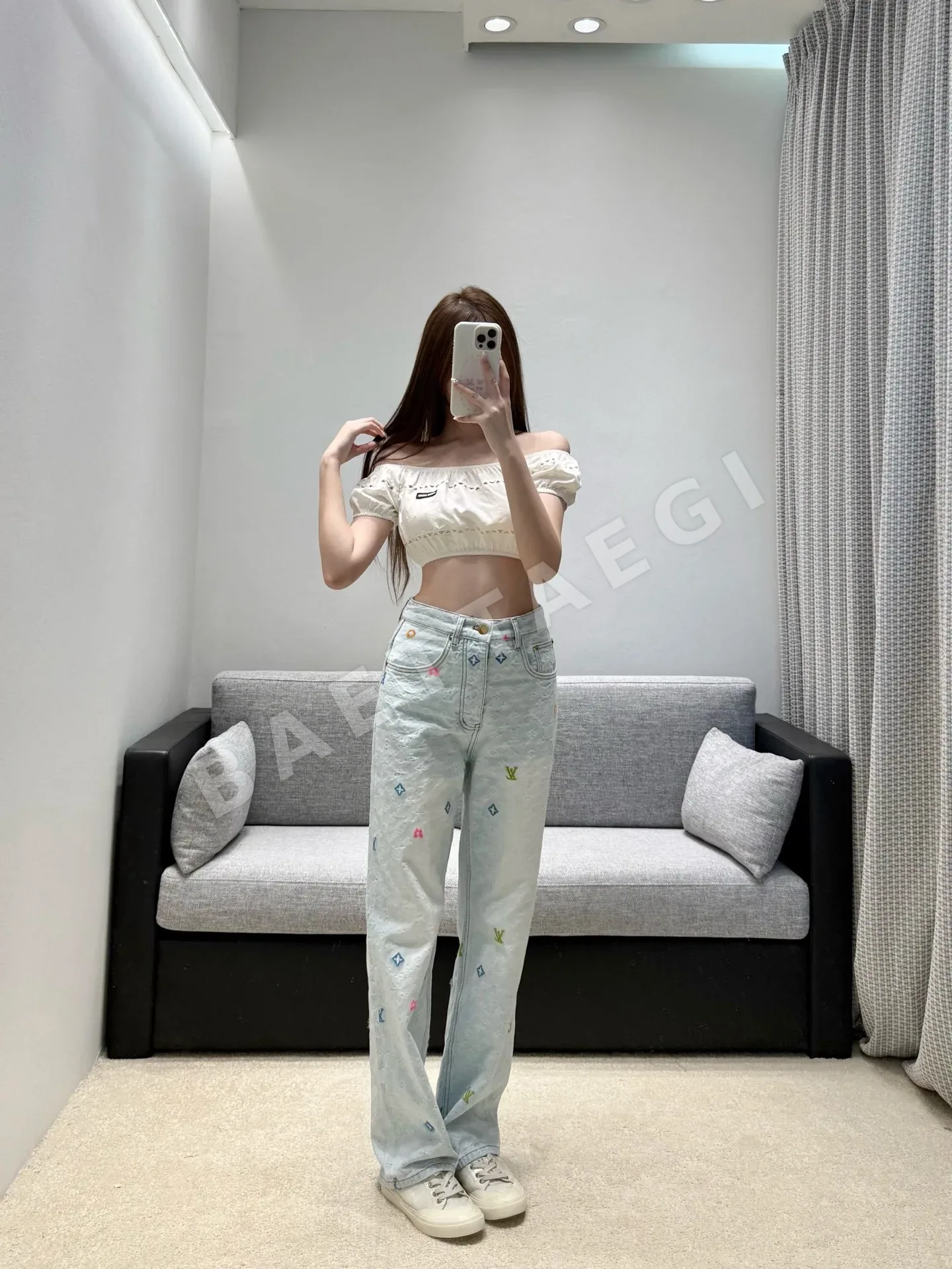 루이비통 라이트 블루 자카드 하이웨스트 플레어 여성 바지 상세 이미지 9