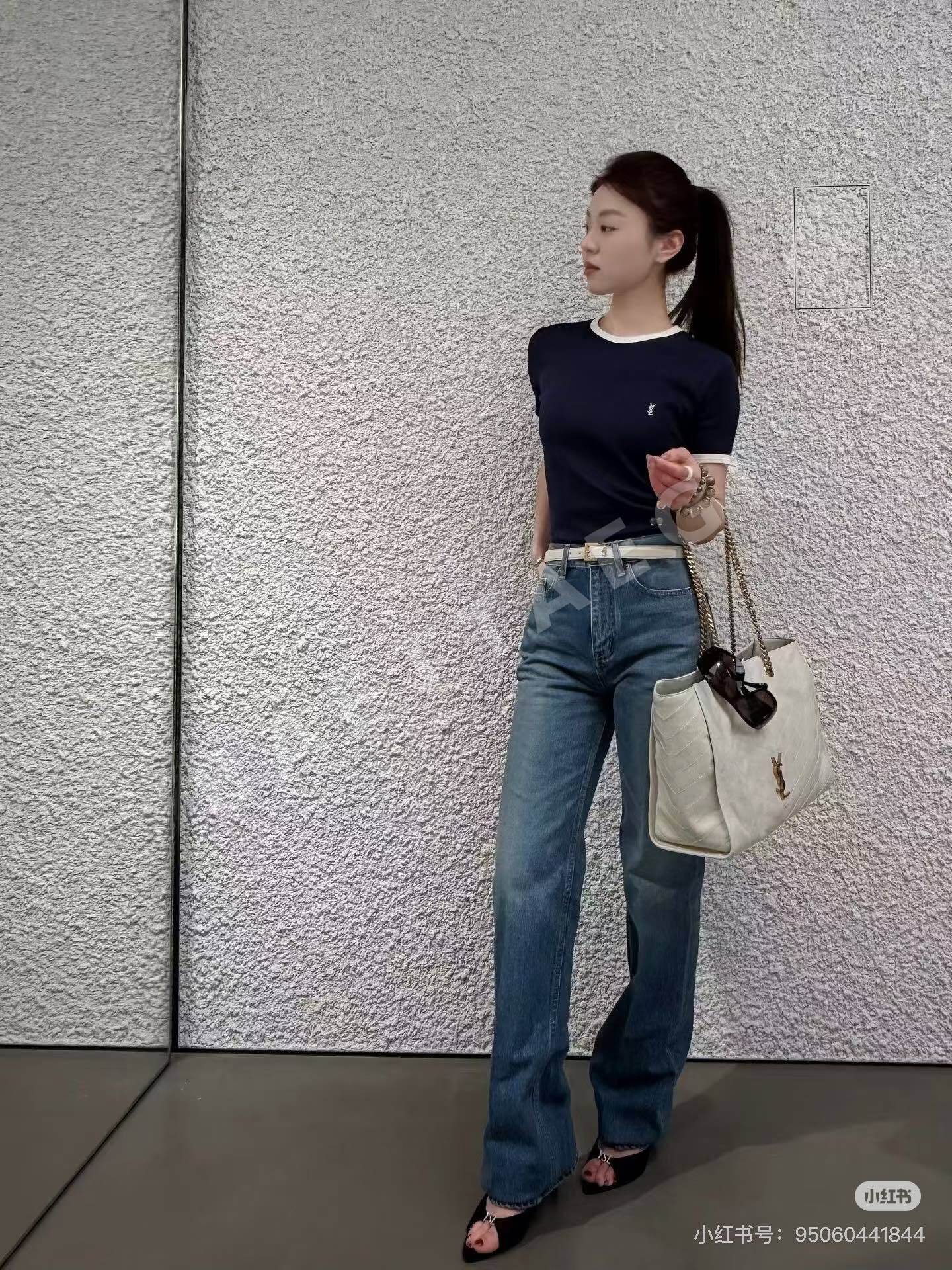 생로랑 컬러 블록 자수 로고 반팔 티셔츠 상세 이미지 2
