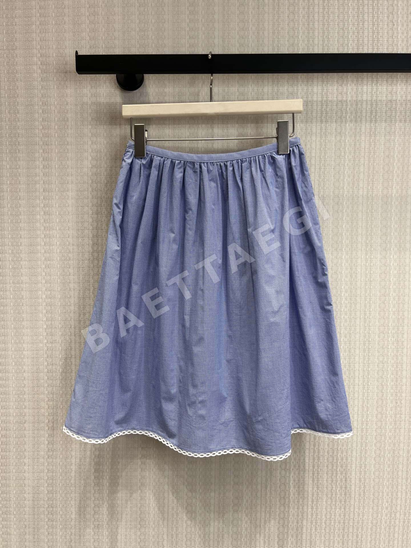 미우미우 블루 체크 피터팬카라 반소매 셔츠 스커트 세트 상세 이미지 2