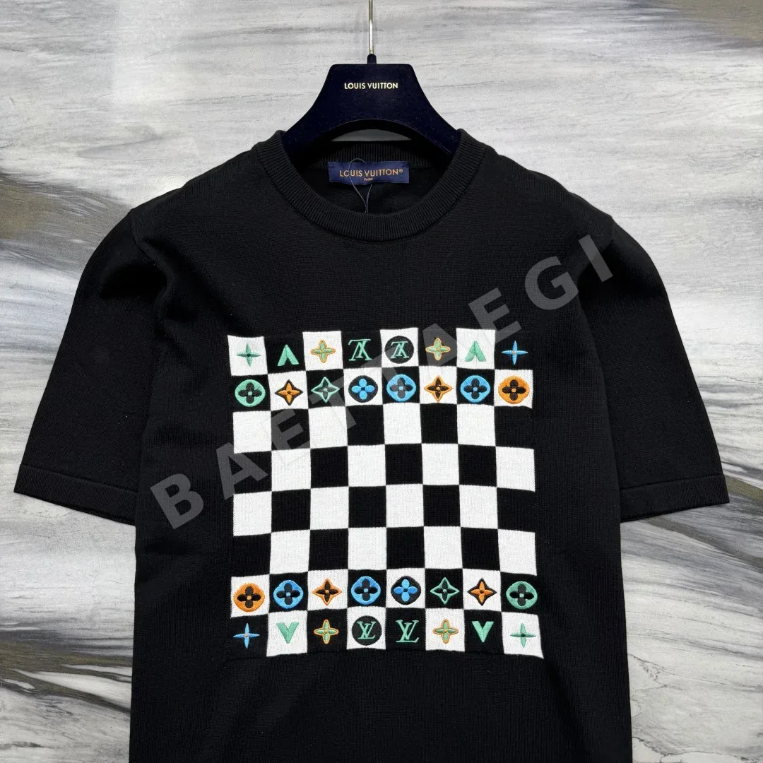 루이비통 체커보드 자수 니트 반팔 티셔츠 상세 이미지 6