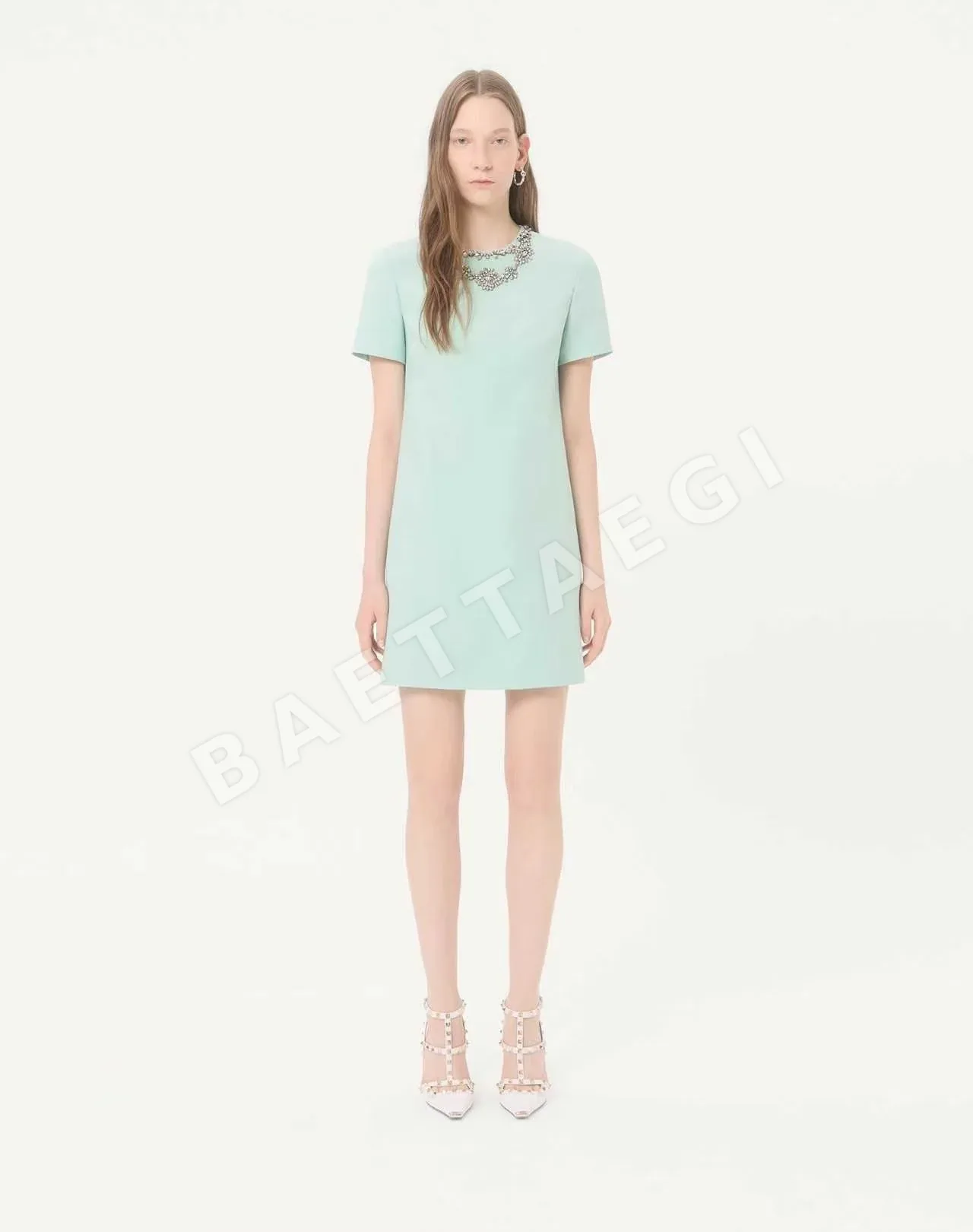 발렌티노 라인스톤 장식 A라인 반팔 원피스 156547