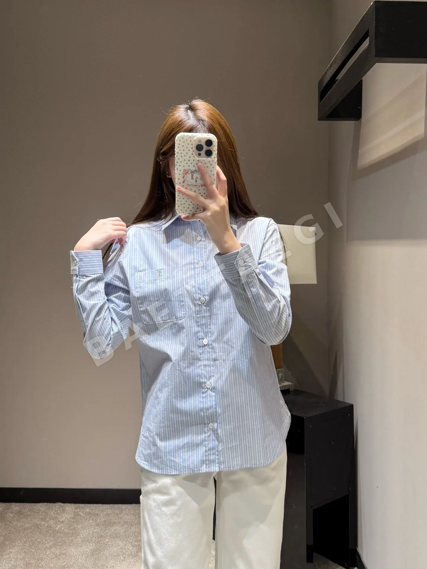 생로랑 로고 스트라이프 긴팔 셔츠 여성의류 46338