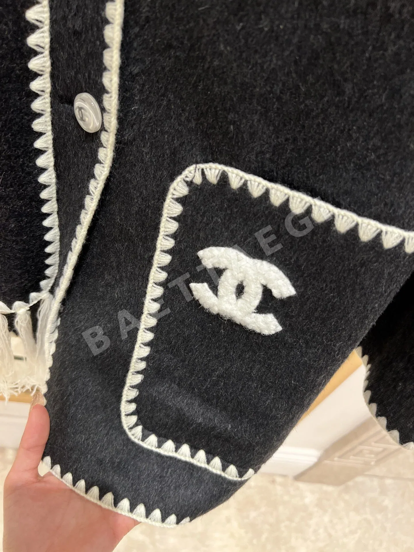 샤넬 스트라이프 컬러블록 울 혼방 스카프 자켓 상세 이미지 4