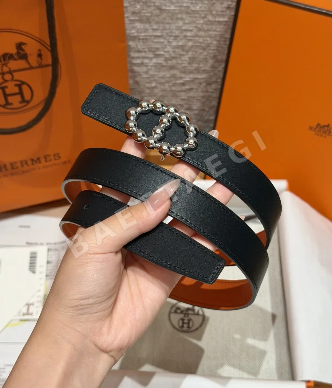 에르메스 H브랜드 진주 비즈 양면 가죽 벨트 24mm 상세 이미지 4