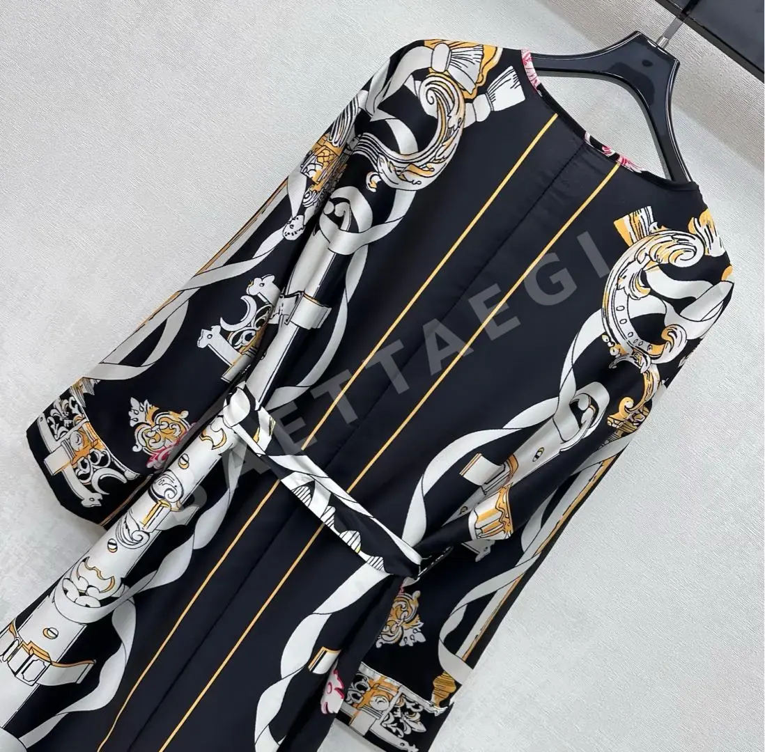 에르메스 실크 프린트 타이 웨이스트 벨트 긴팔 원피스 상세 이미지 6