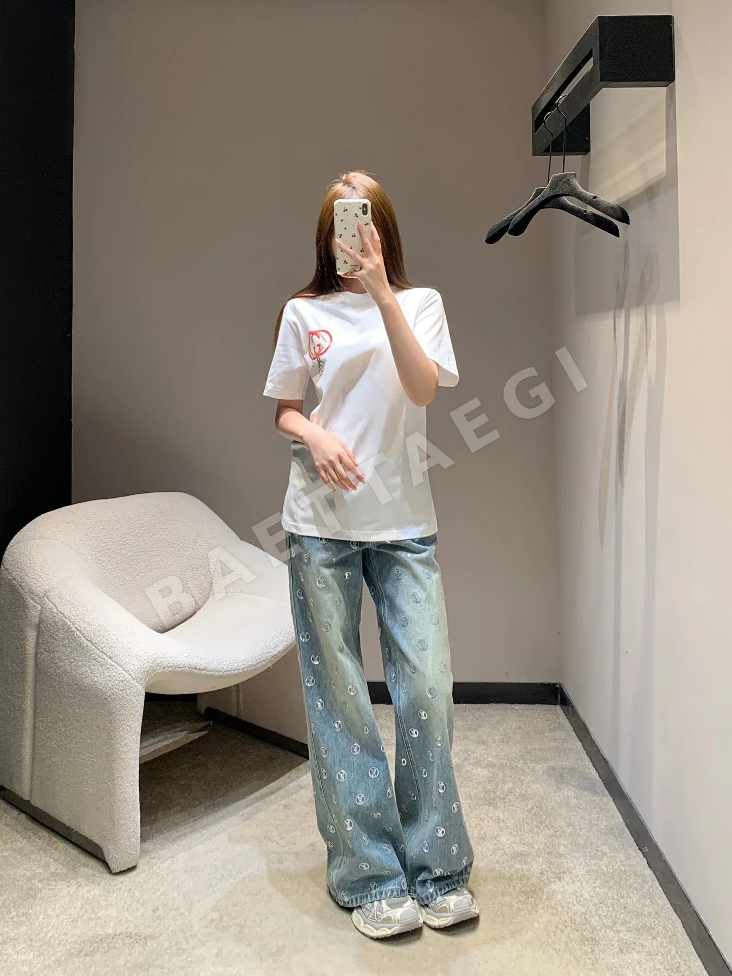 구찌 더블 G 프린트 여성 크루넥 반팔 티셔츠 상세 이미지 4