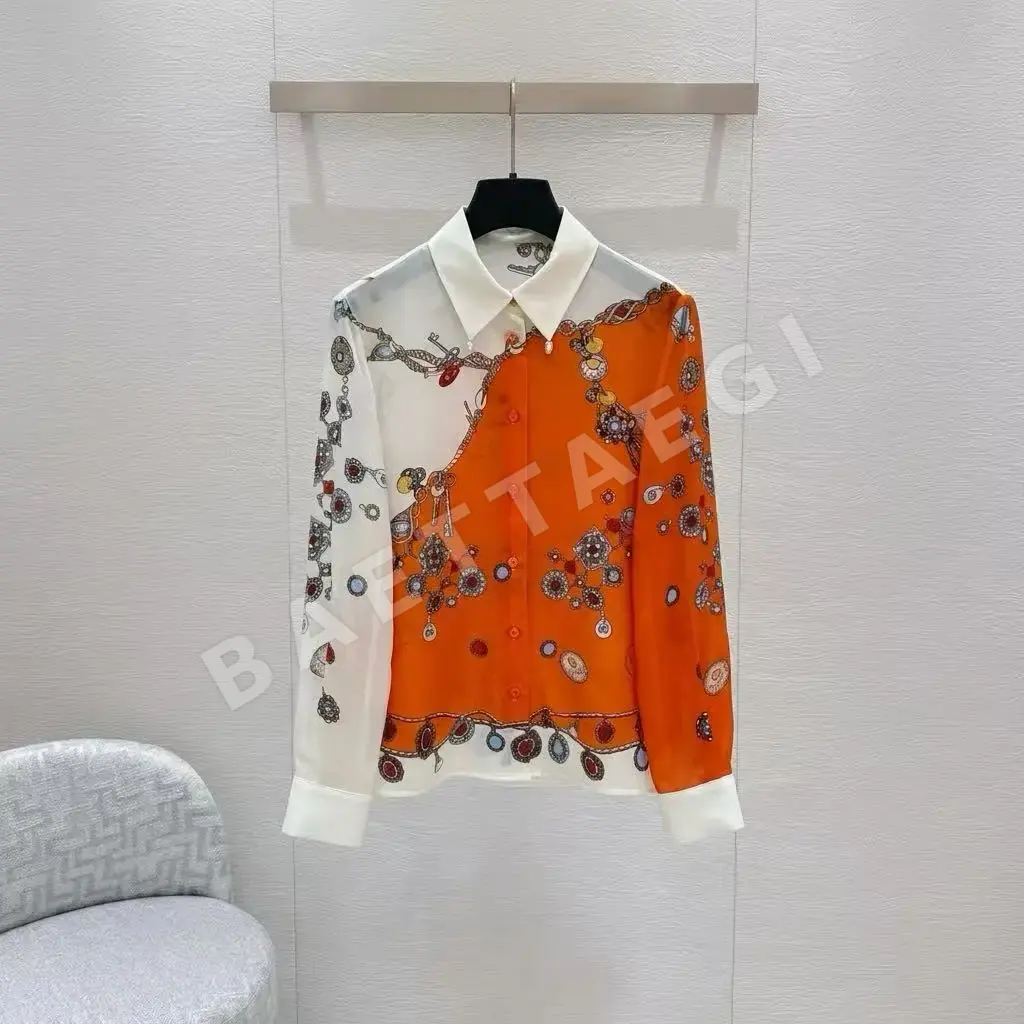 베르사체 빈티지 주얼리 프린트 실크 여성 셔츠 상세 이미지 2