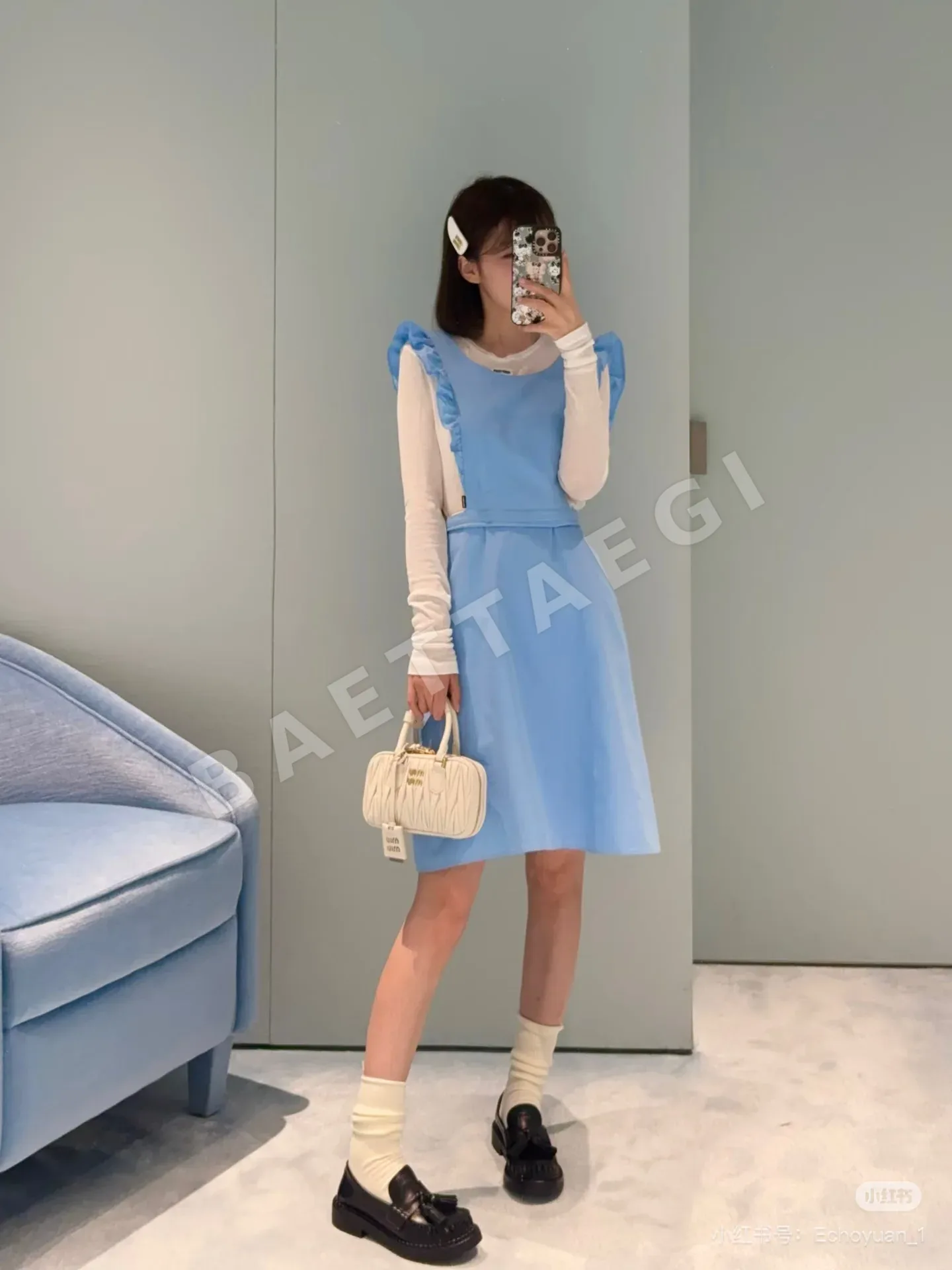 미우미우 프릴 민소매 A라인 원피스 상세 이미지 3