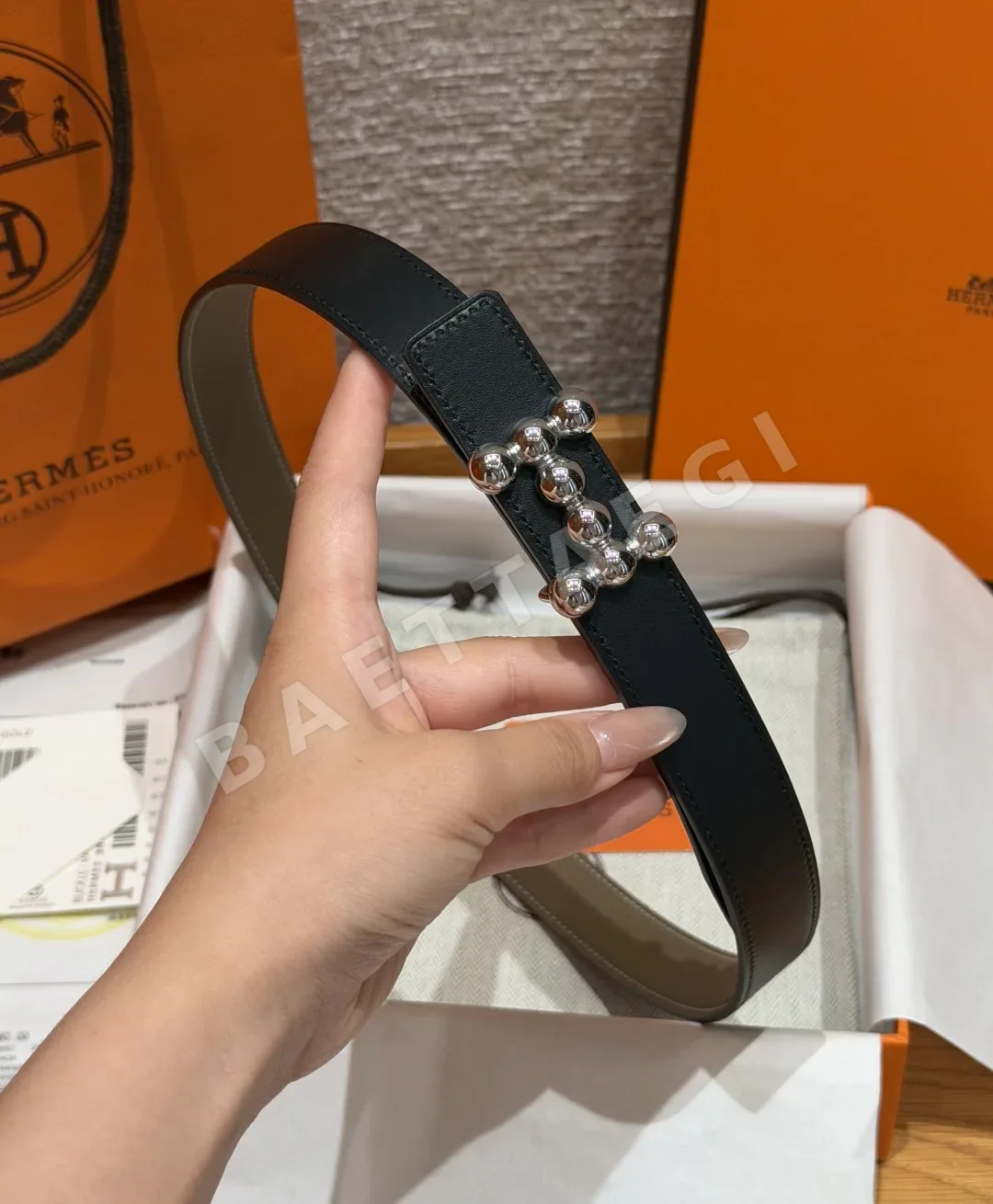 에르메스 H버클 진주 비즈 리버서블 가죽 벨트 상세 이미지 6