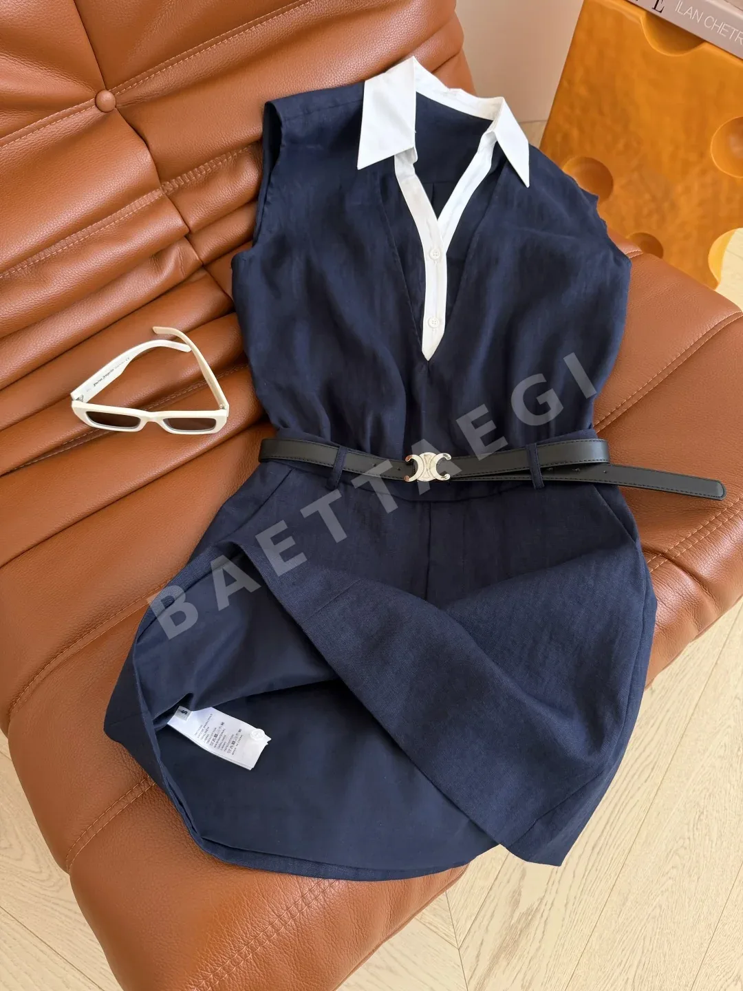 셀린느 린넨 컬러 블록 페이크 투피스 원피스 상세 이미지 3
