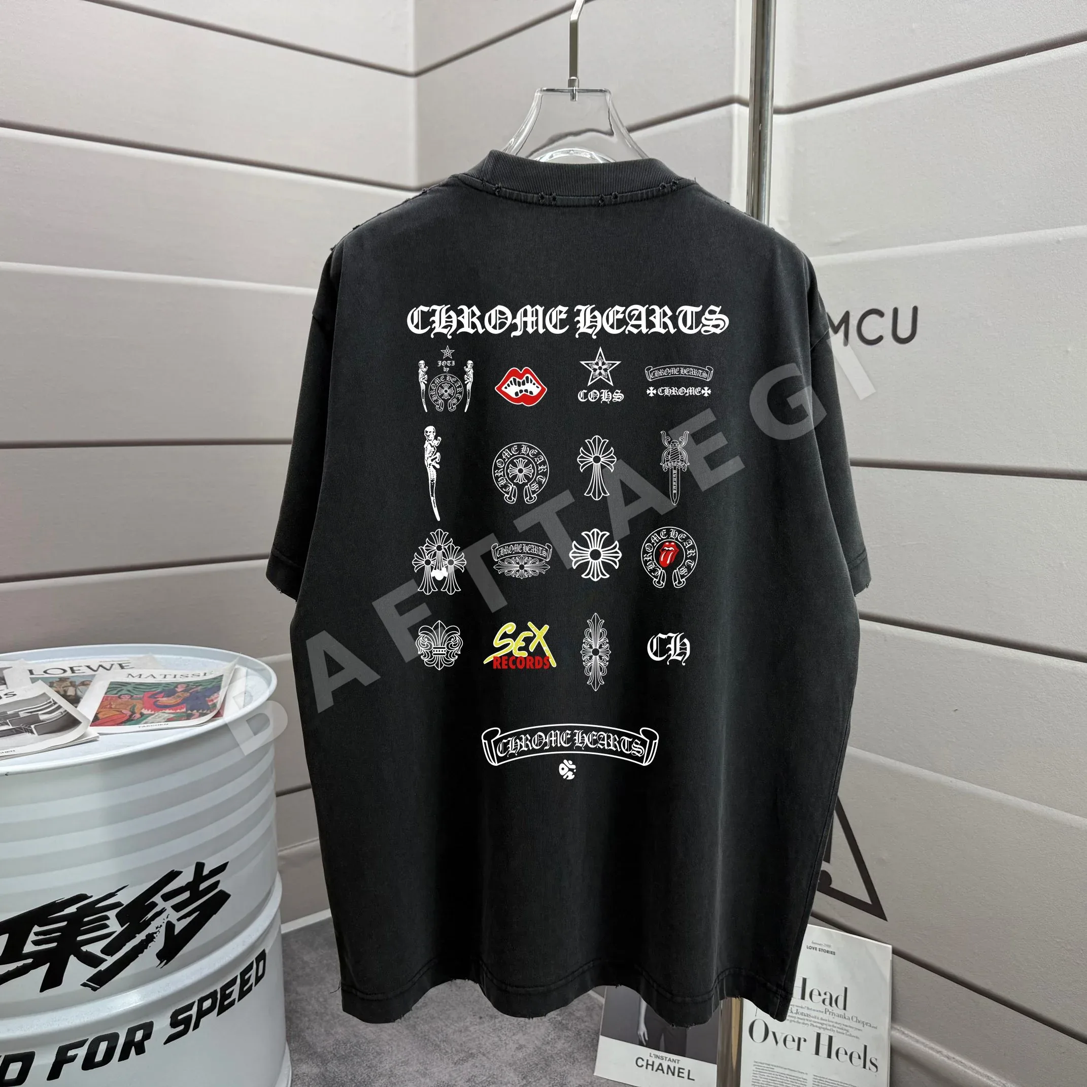 크롬하츠 워시 가공 데미지 크루넥 반팔 티셔츠 53364
