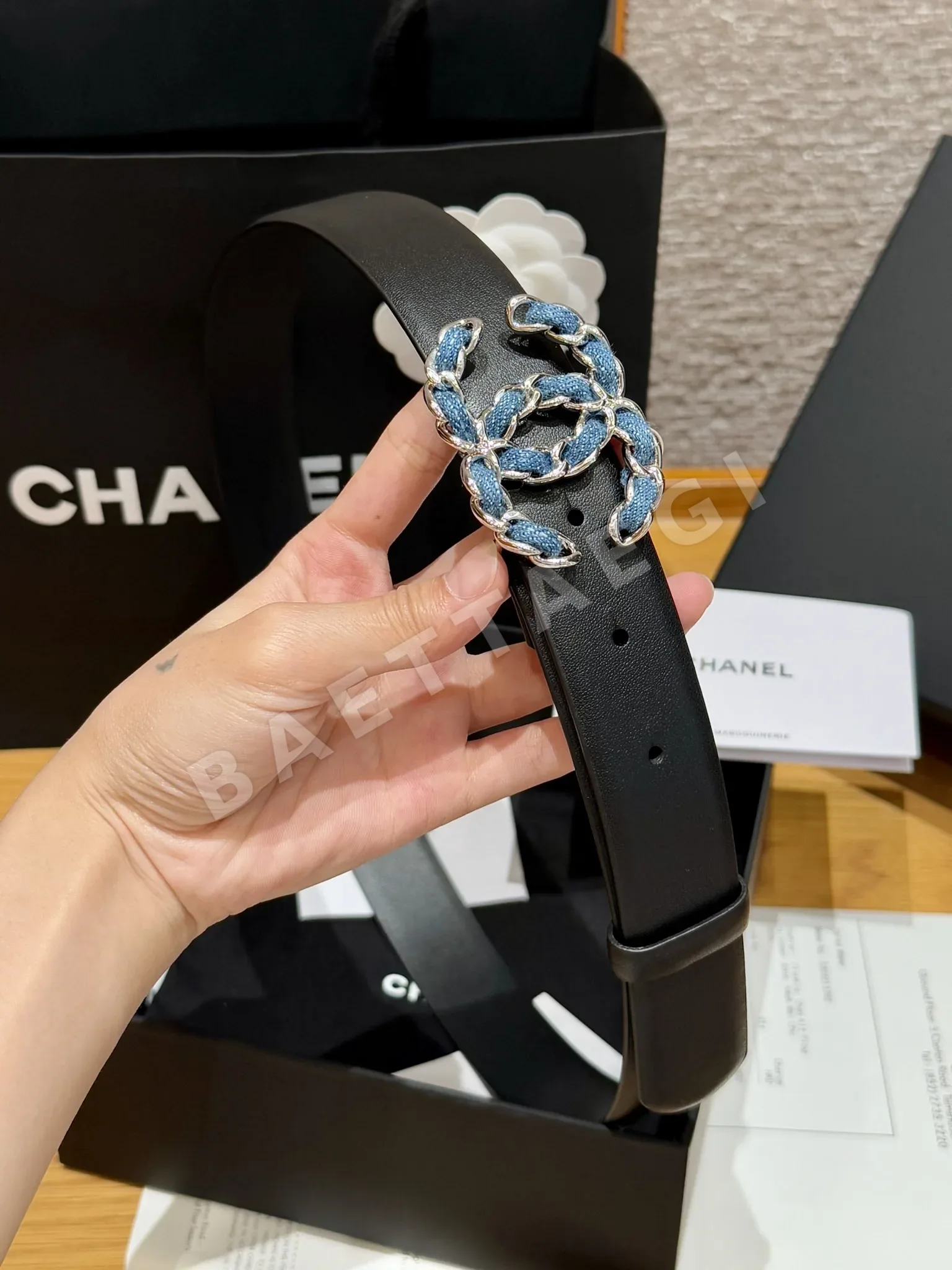 샤넬 더블 C 버클 카프스킨 블루 데님 벨트 상세 이미지 3