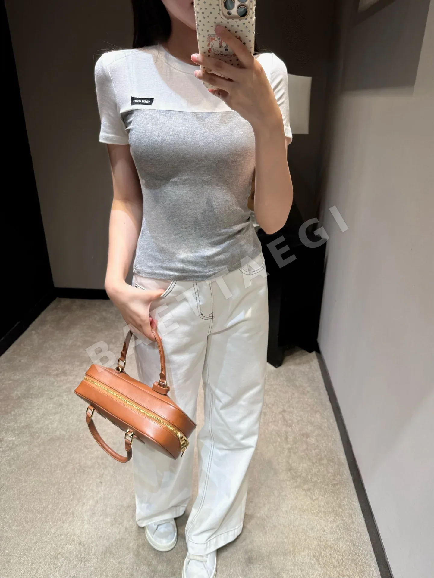 미우미우 컬러 블록 코튼 반팔 티셔츠 상세 이미지 2