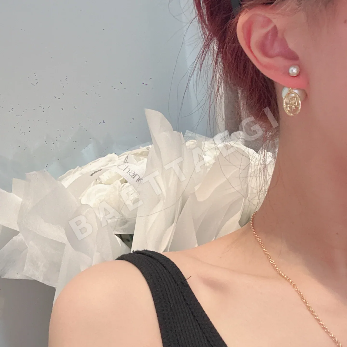 디올 리본 진주 장식 귀걸이 134731