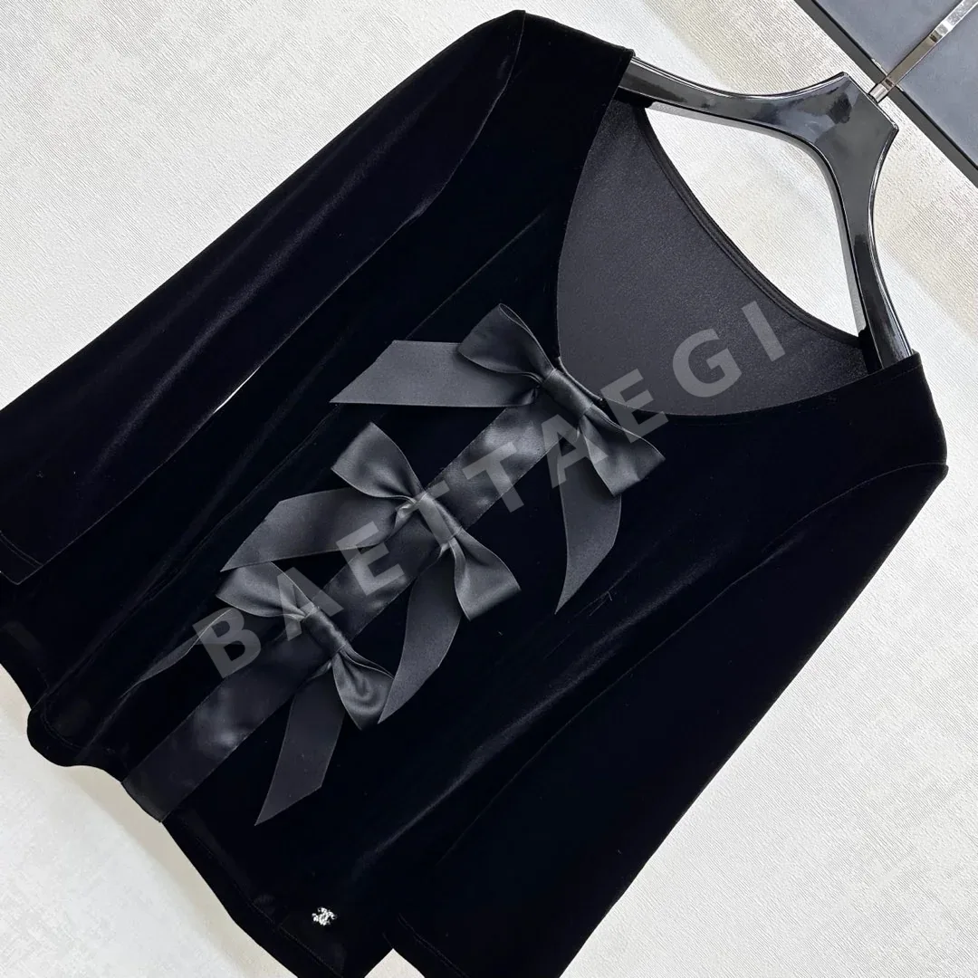 샤넬 하트 넥 보우 트림 벨벳 긴팔 탑 상세 이미지 2