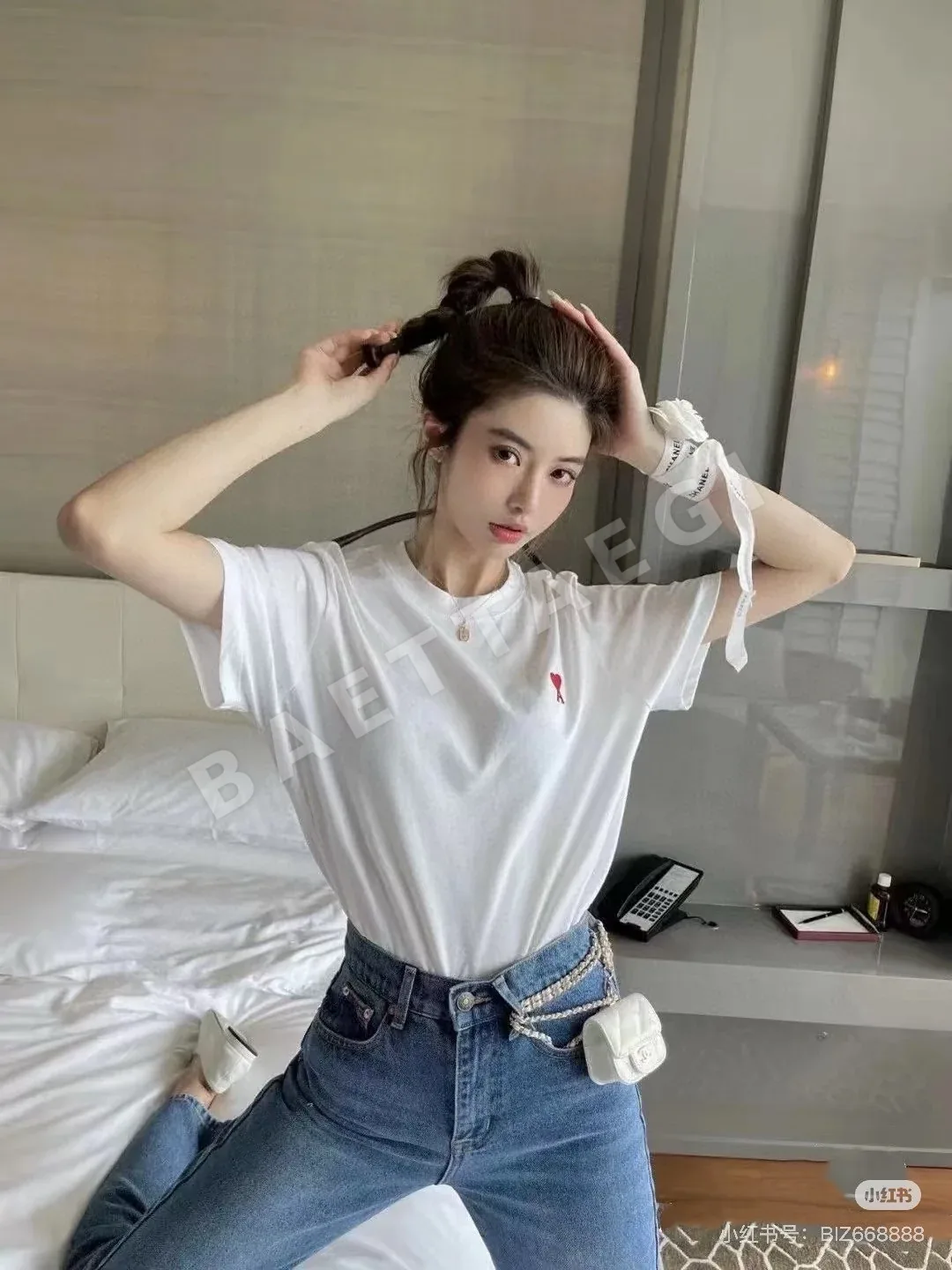 아미 하트 자수 린넨 반팔 티셔츠 상세 이미지 8